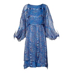 1970s Paper Thin Blue Silk Vintage Dress with Billowy Batwing Sleeves