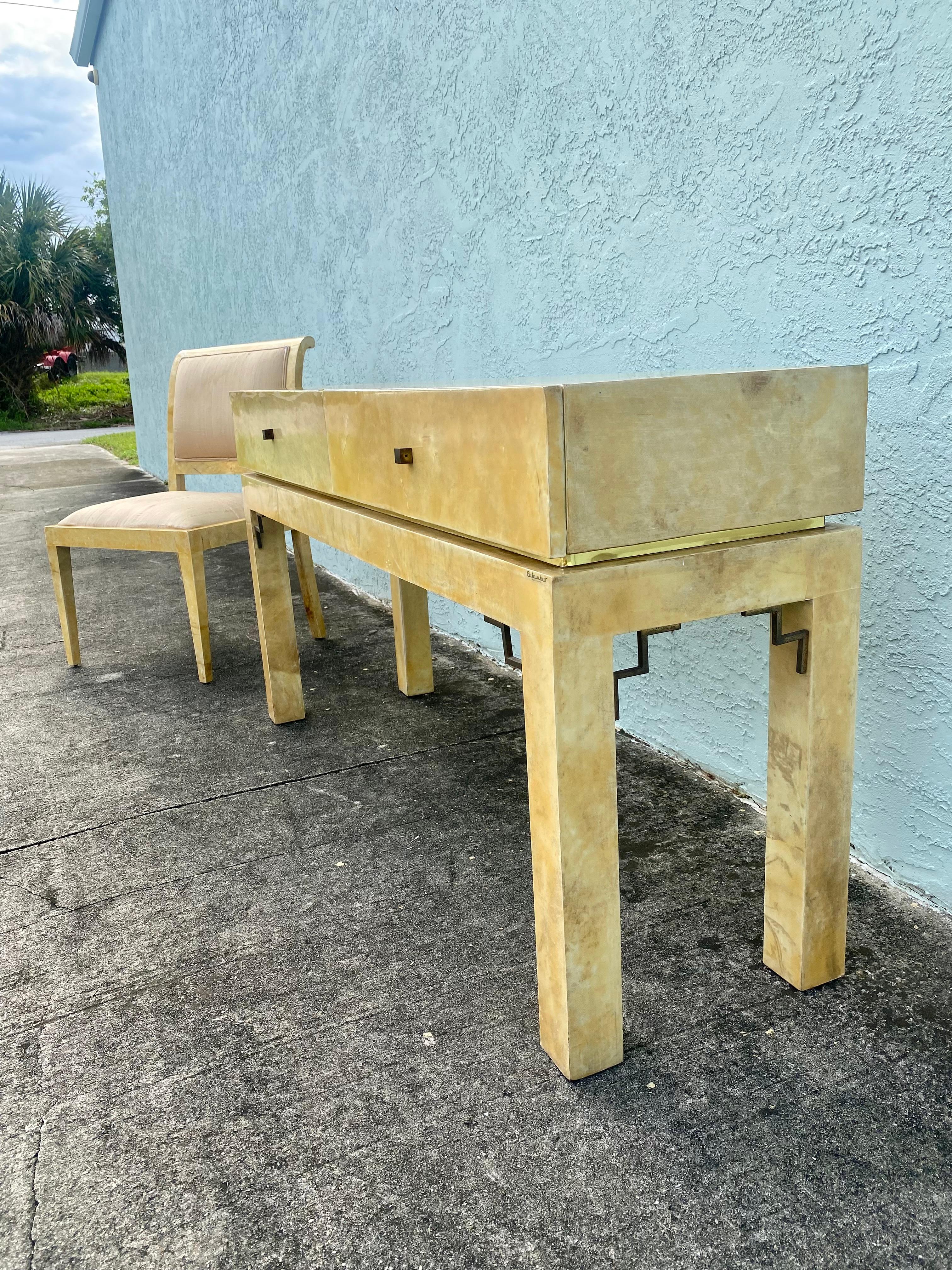 Mid-Century Modern 1970s Parchment Console Desk and Chair, Set of 2 For Sale