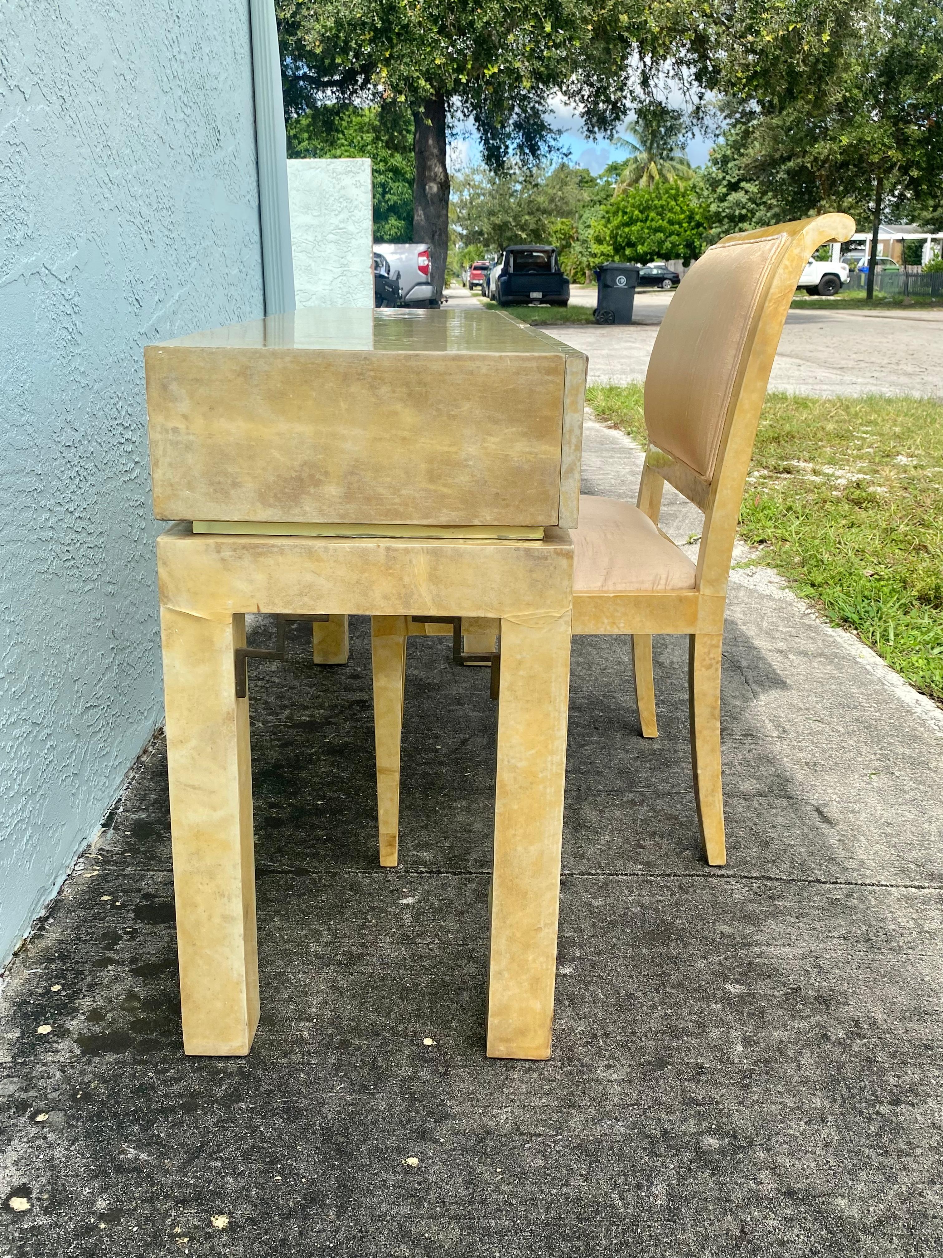 Brazilian 1970s Parchment Console Desk and Chair, Set of 2 For Sale