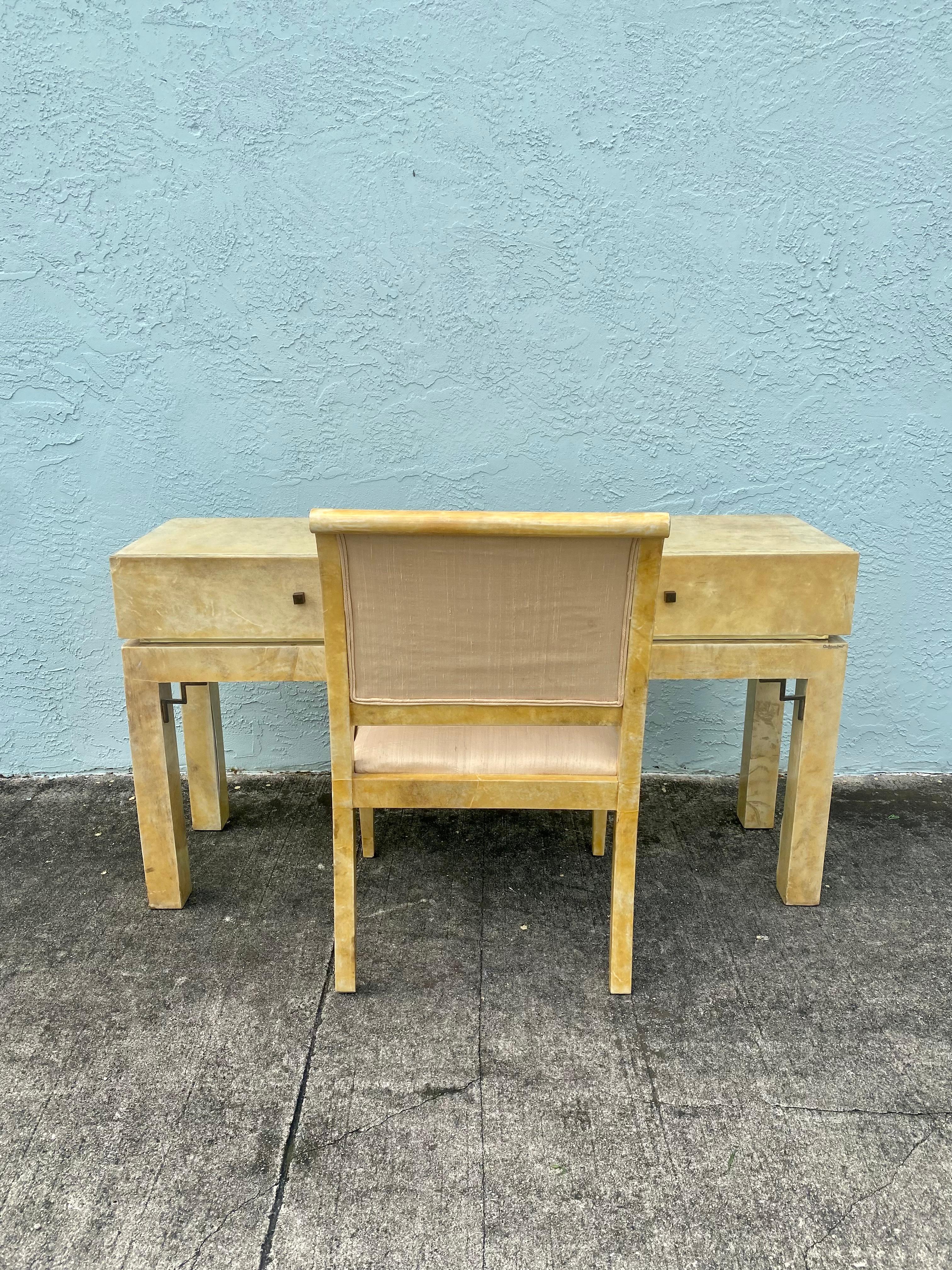 1970s Parchment Console Desk and Chair, Set of 2 In Good Condition For Sale In Fort Lauderdale, FL