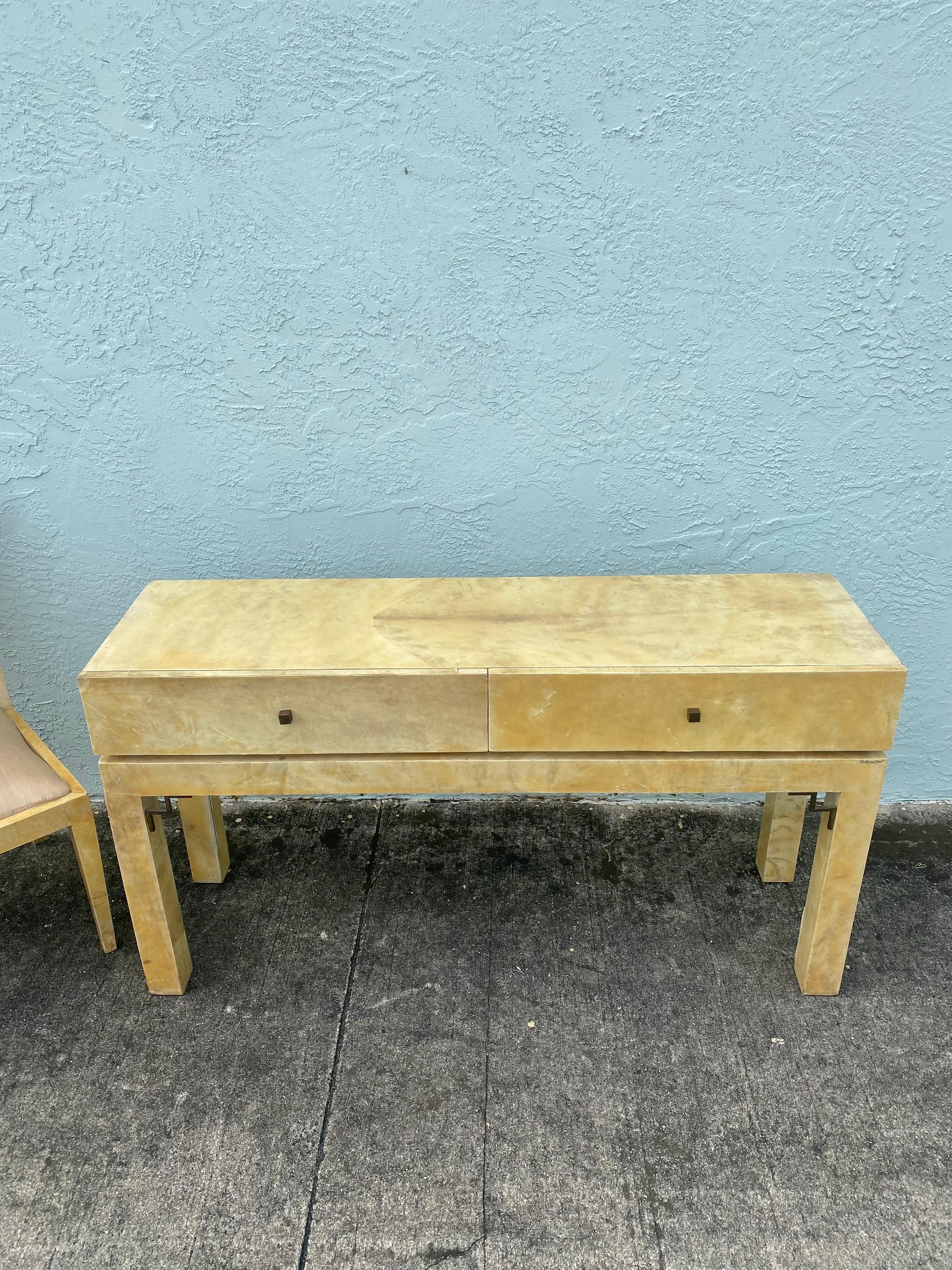 1970s Parchment Console Desk and Chair, Set of 2 For Sale 1
