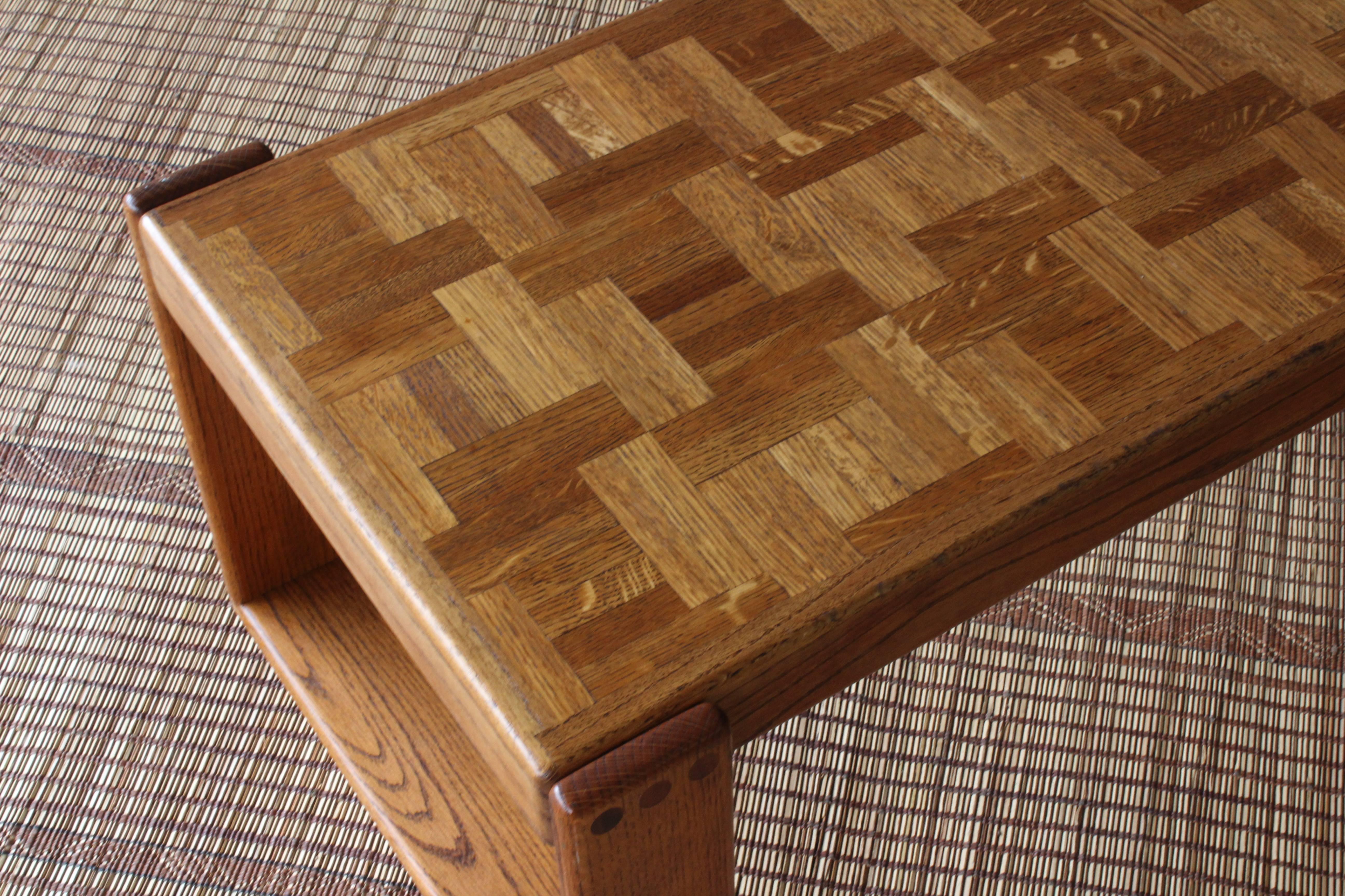 1970s Lou Hodges style coffee table with a parquet oak top.