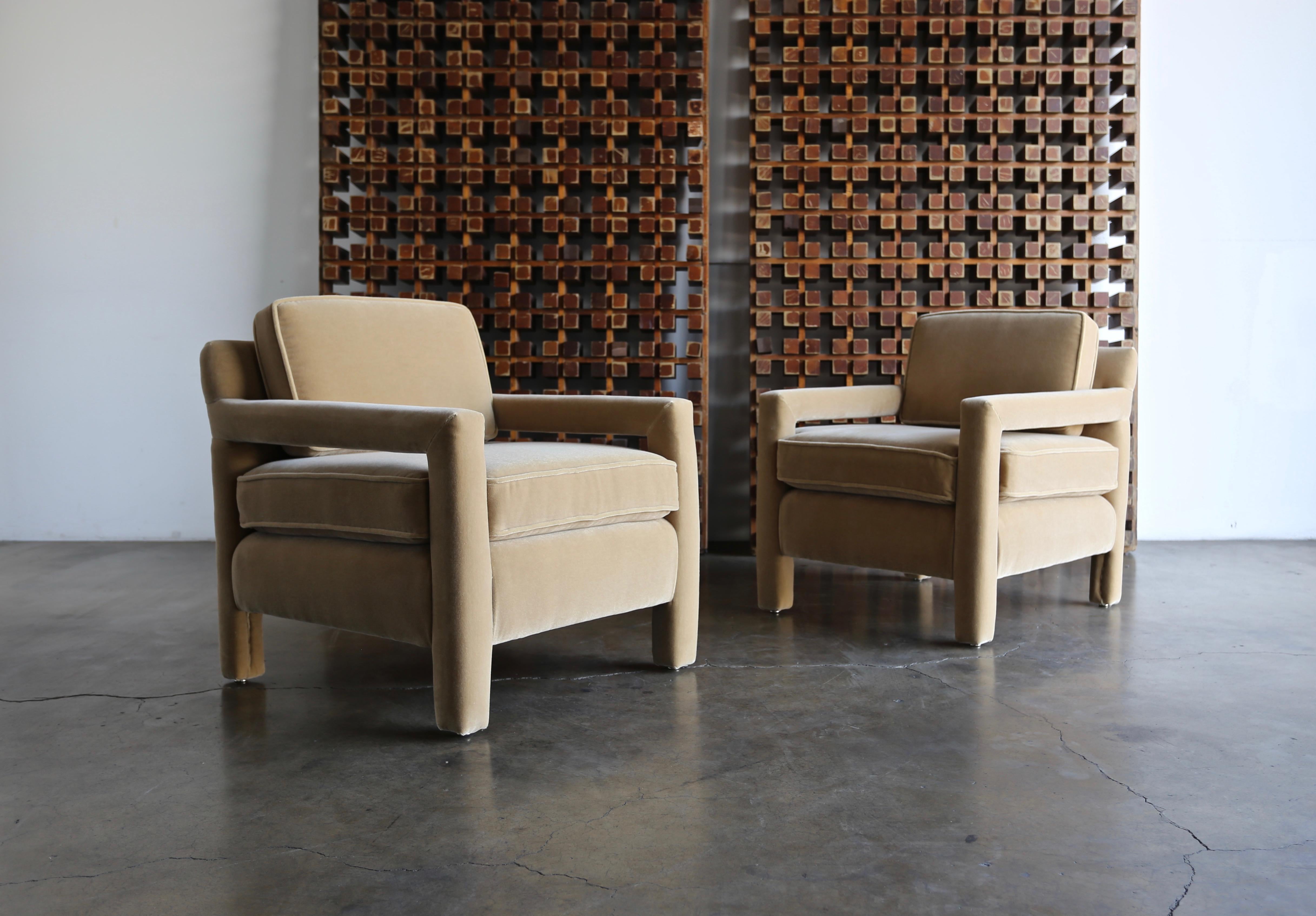 Mid-Century Modern 1970s Parsons Lounge Chairs in Mohair