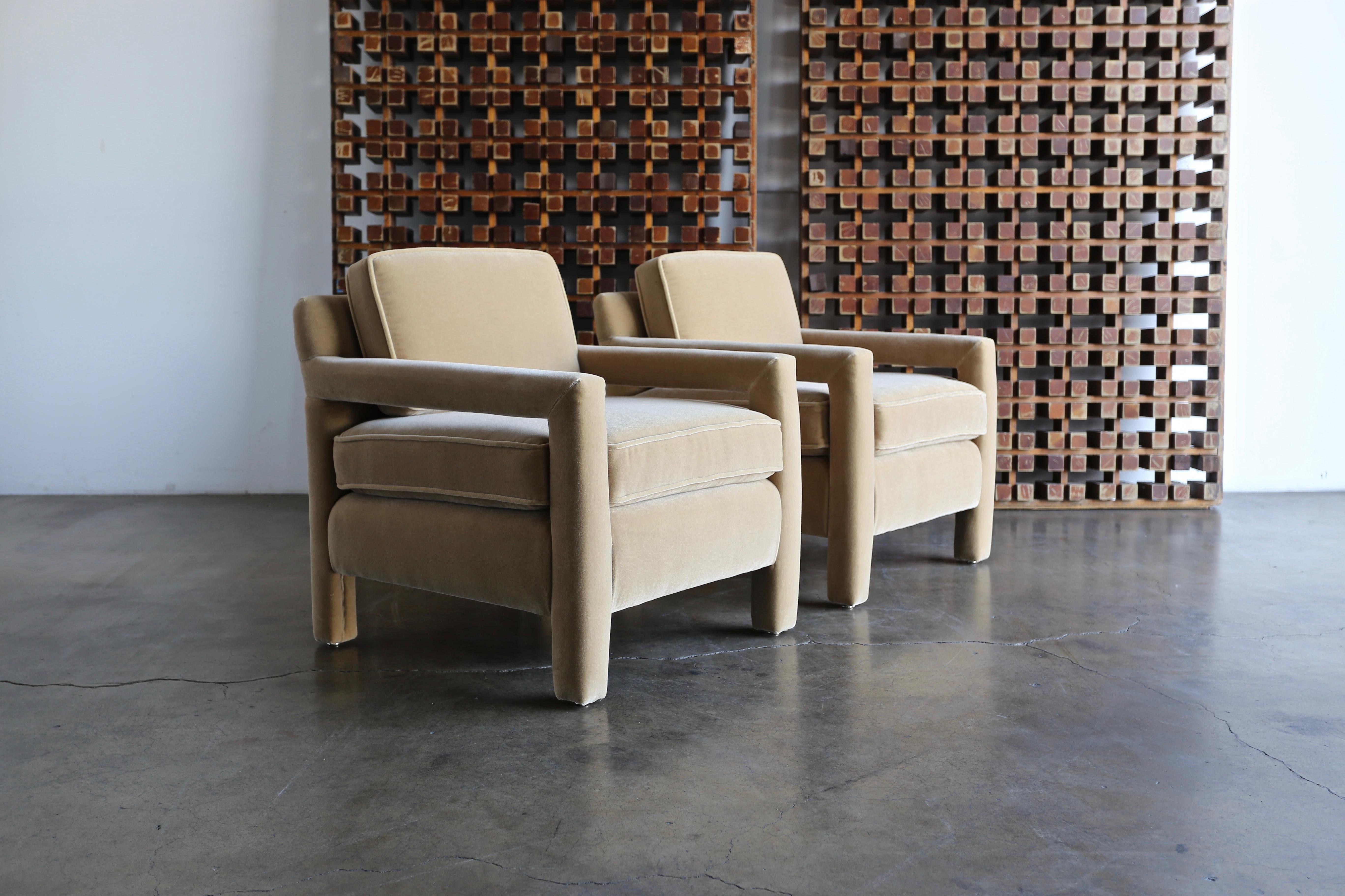 1970s Parsons lounge chairs expertly restored in Maharam Mohair.