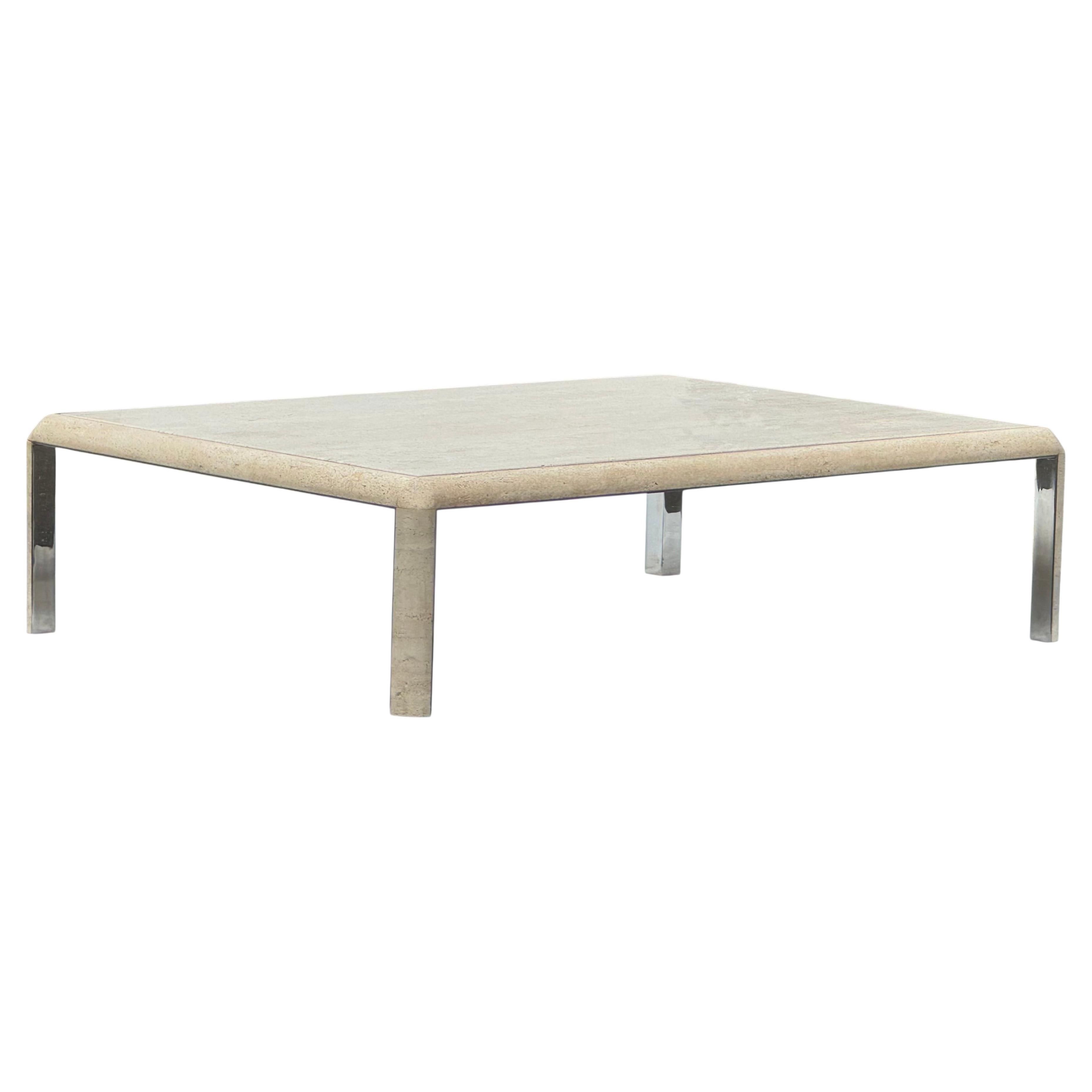 1970s Parsons Style Chrome & Solid Travertine Coffee Table