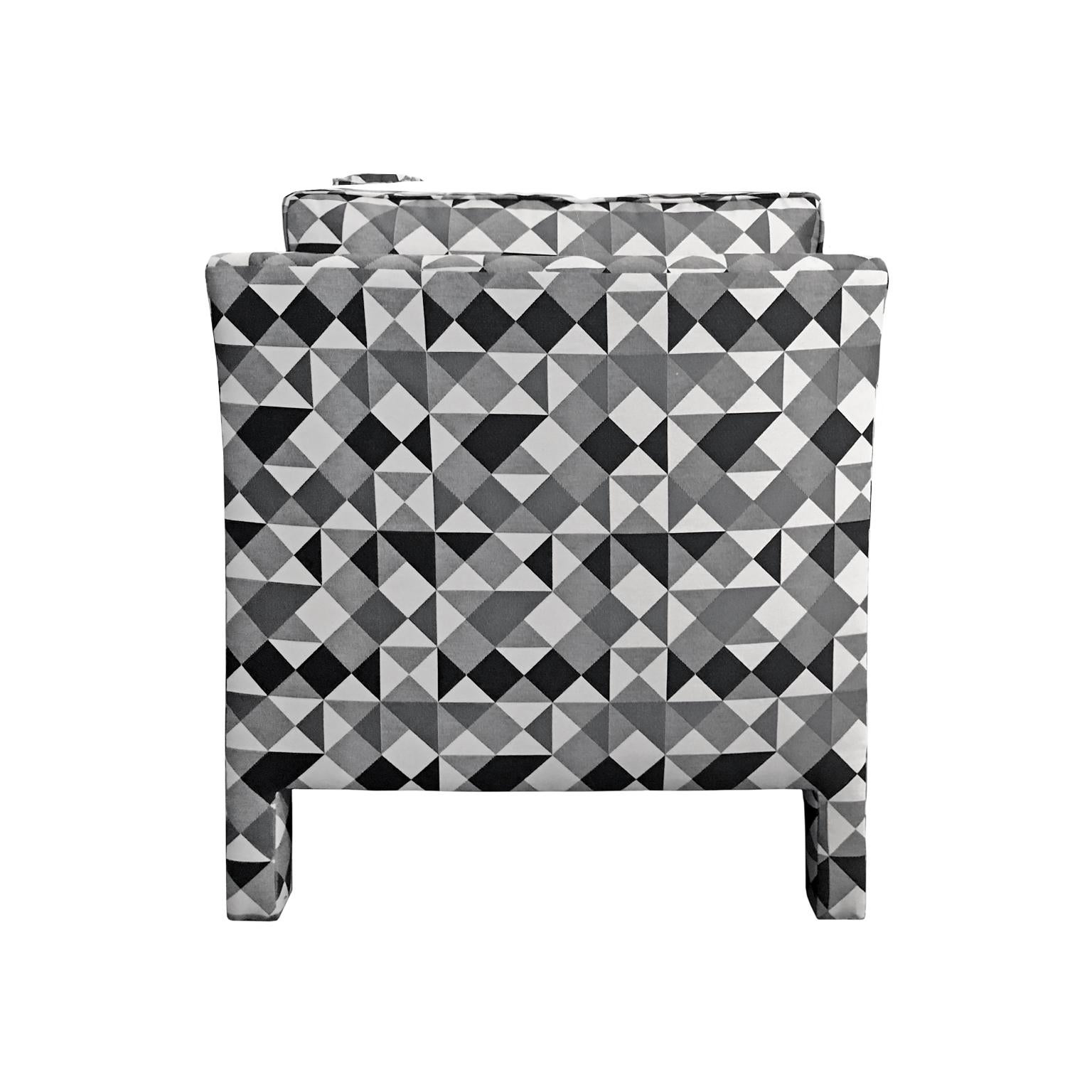 American 1970s Parsons Style Lounge Chair in Black, White and Grey Geometric Fabric For Sale