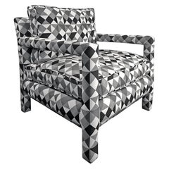 1970s Parsons Style Lounge Chair in Black, White and Grey Geometric Fabric