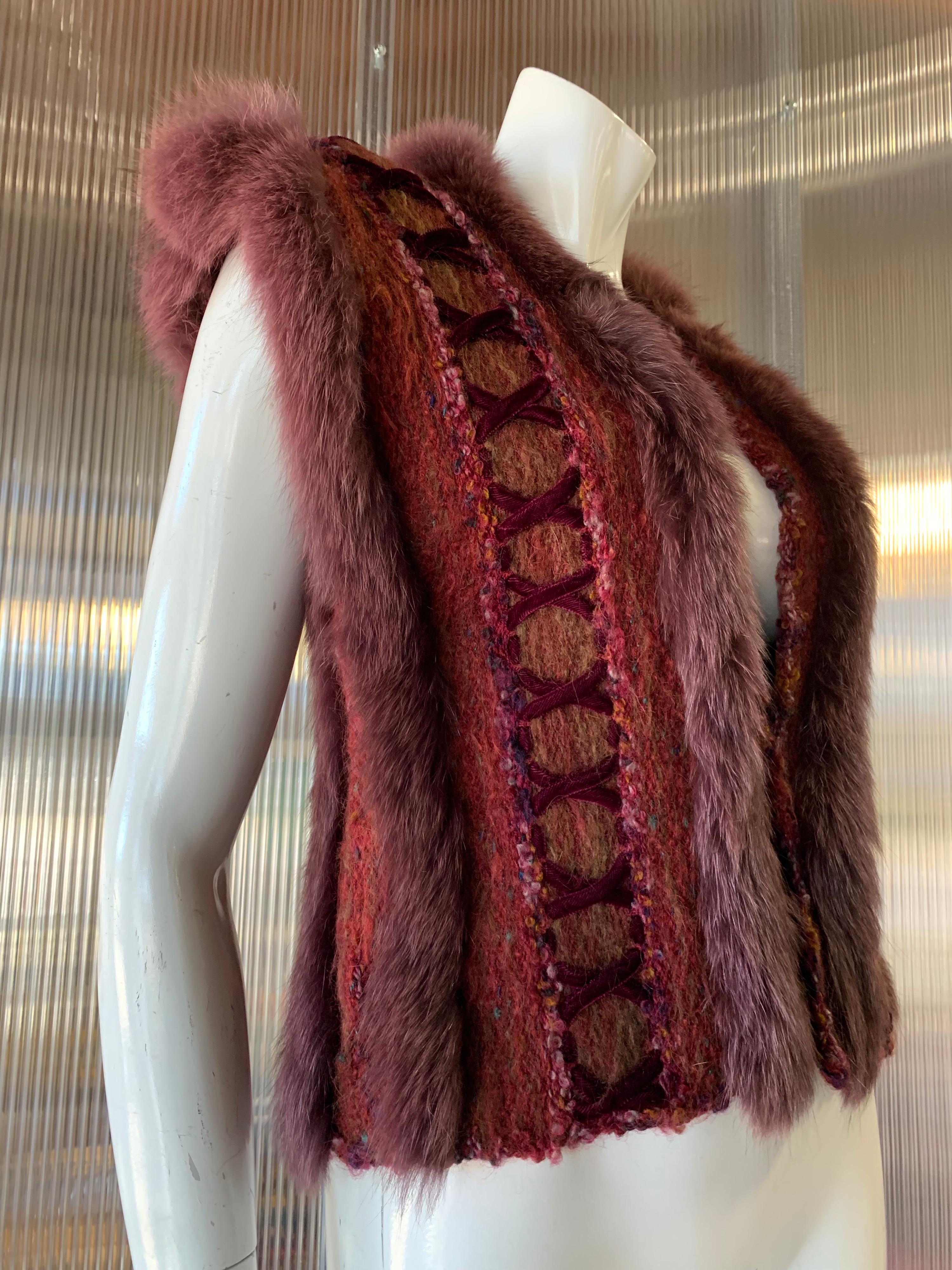 1970s PassionKnits Art To Wear Vest W/ Tinted Fox Fur Trim, Bouclé and Velvet Lacing Detail In Burgundy & Orange Sunset Colors. No front closure. Hand made in Toronto, Canada.