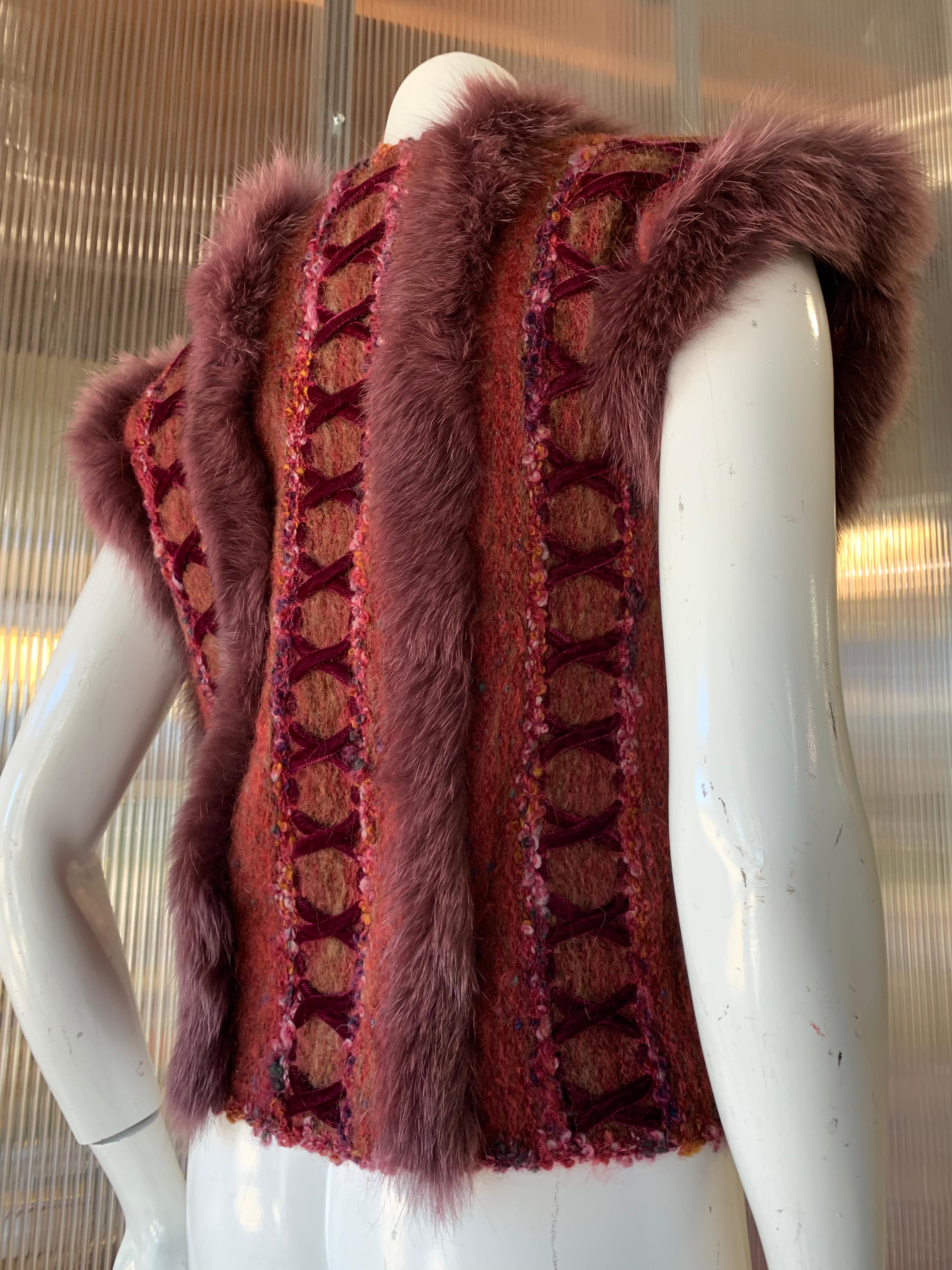 1970s PassionKnits Art To Wear Vest W/ Fox Fur Trim In Burgundy & Orange Sunset  In Excellent Condition In Gresham, OR