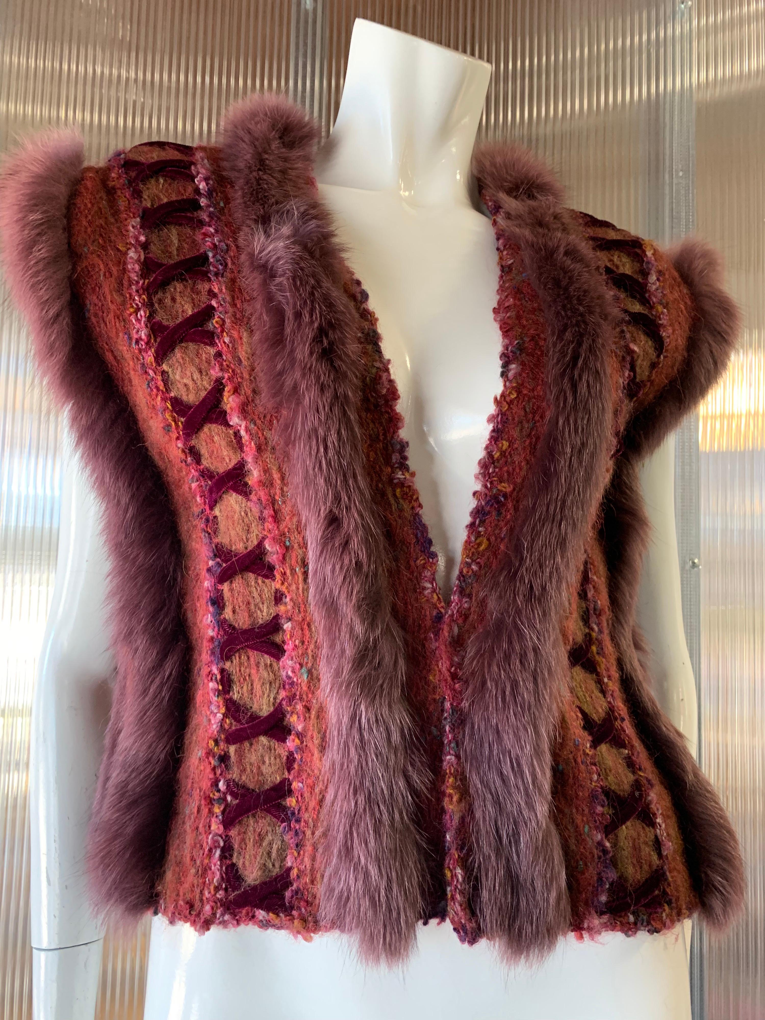 Women's 1970s PassionKnits Art To Wear Vest W/ Fox Fur Trim In Burgundy & Orange Sunset 