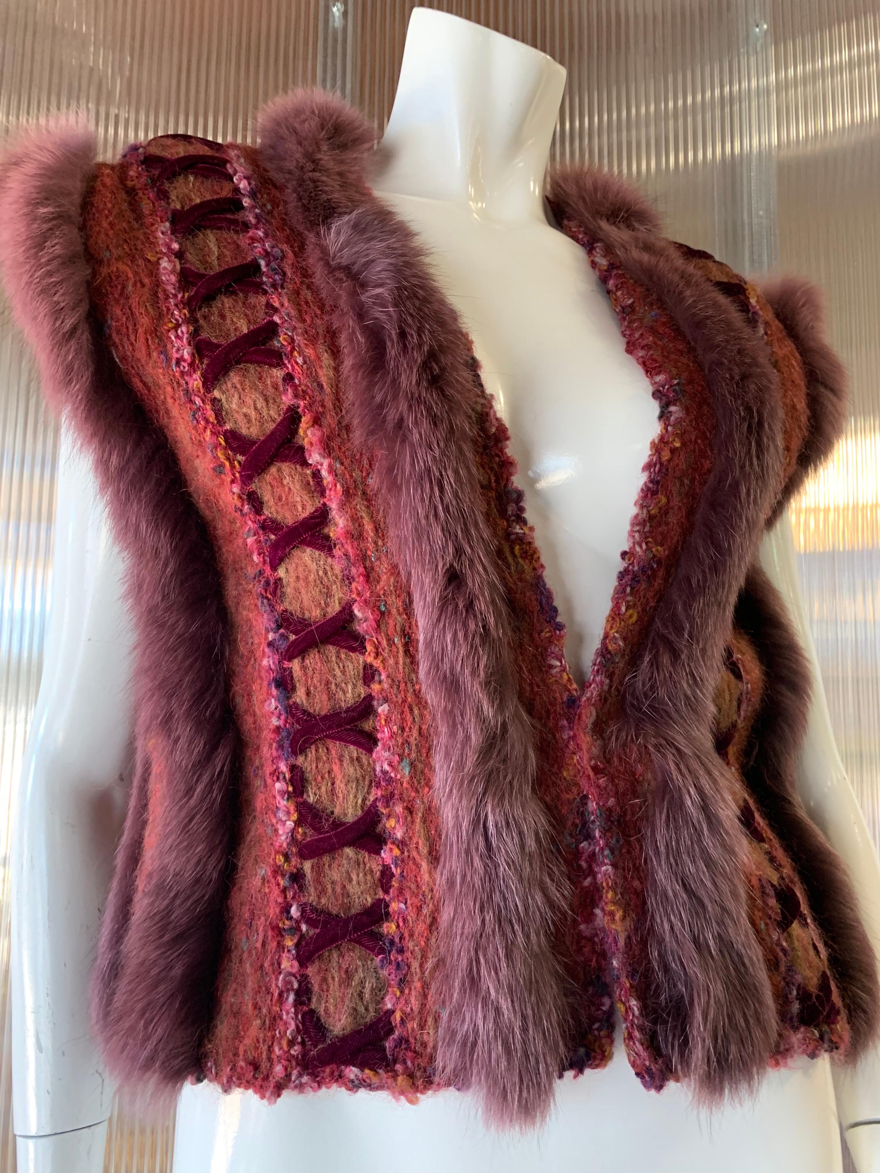 1970s PassionKnits Art To Wear Vest W/ Fox Fur Trim In Burgundy & Orange Sunset  1