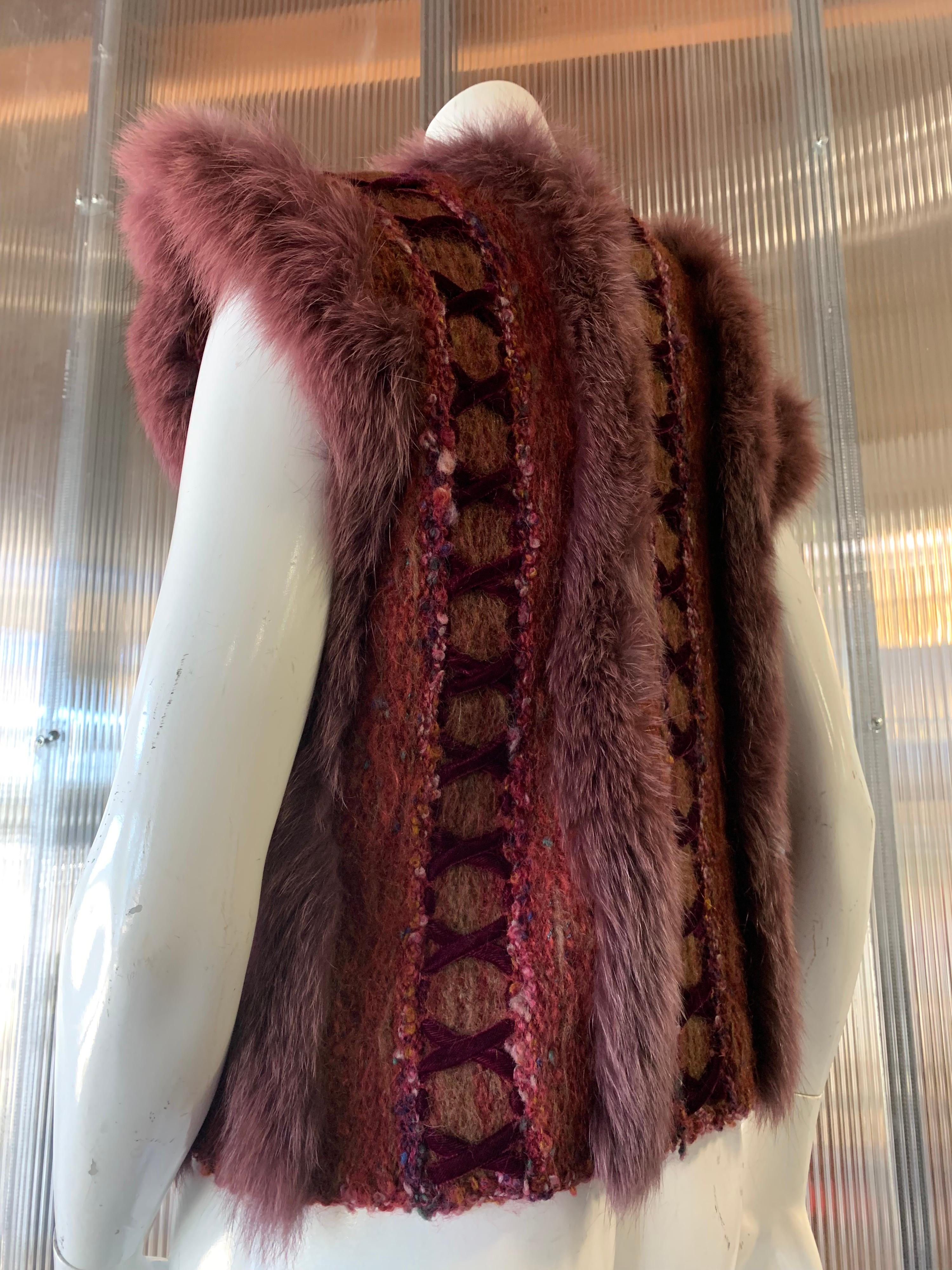 1970s PassionKnits Art To Wear Vest W/ Fox Fur Trim In Burgundy & Orange Sunset  3