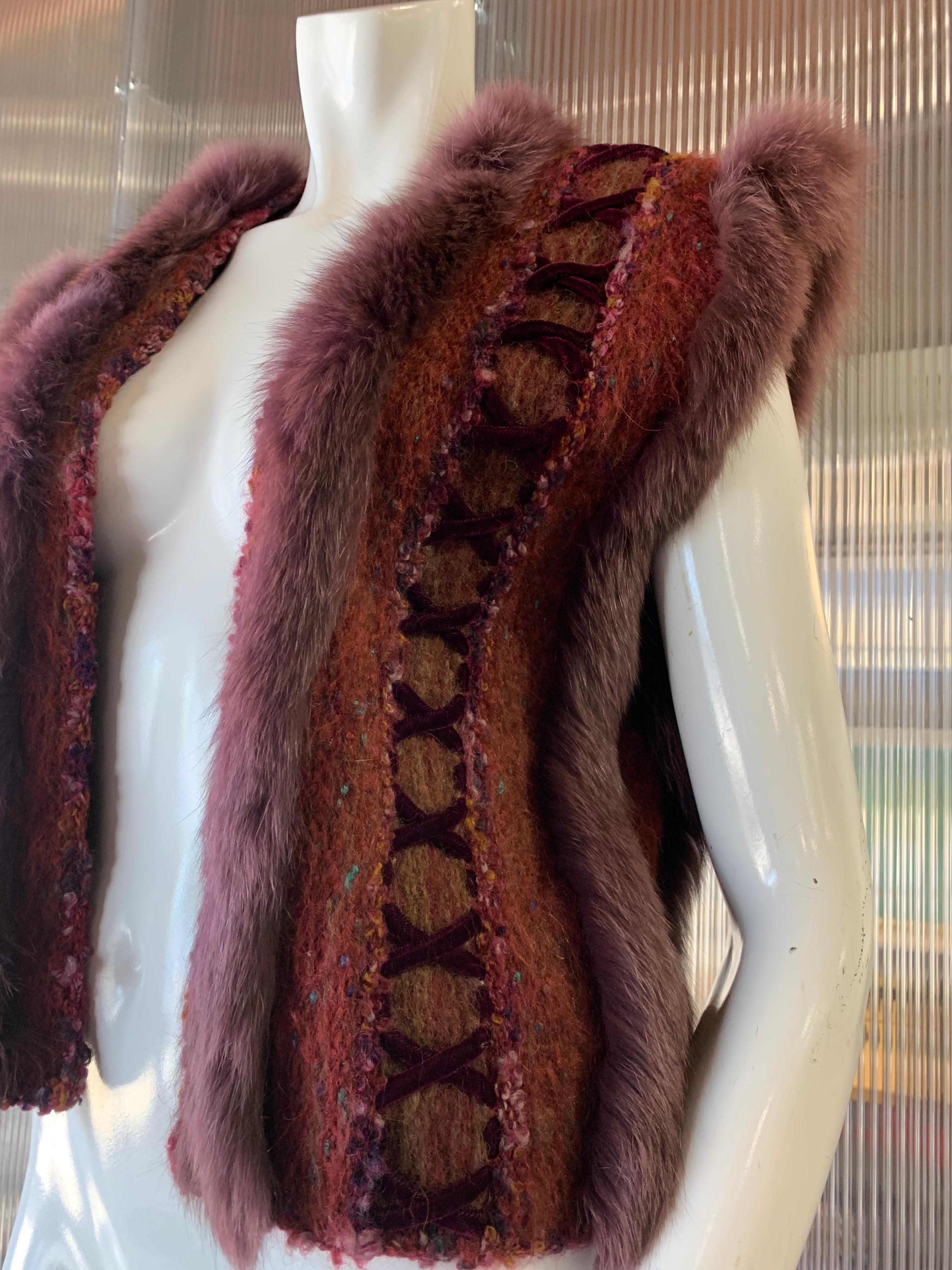 1970s PassionKnits Art To Wear Vest W/ Fox Fur Trim In Burgundy & Orange Sunset  4