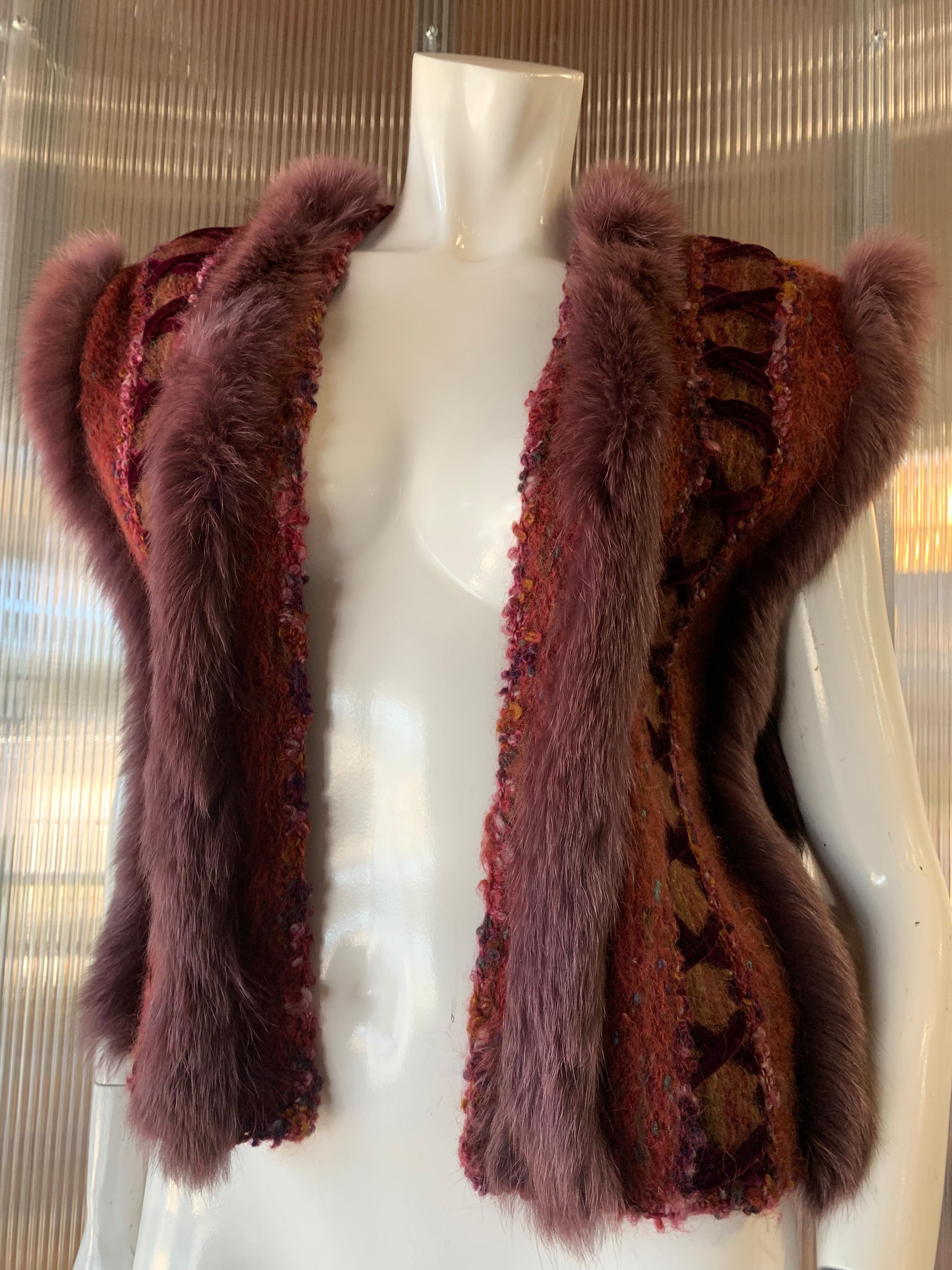 1970s PassionKnits Art To Wear Vest W/ Fox Fur Trim In Burgundy & Orange Sunset  5