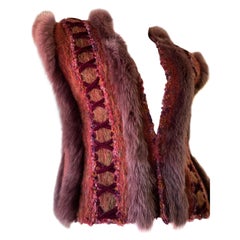 1970s PassionKnits Art To Wear Vest W/ Fox Fur Trim In Burgundy & Orange Sunset