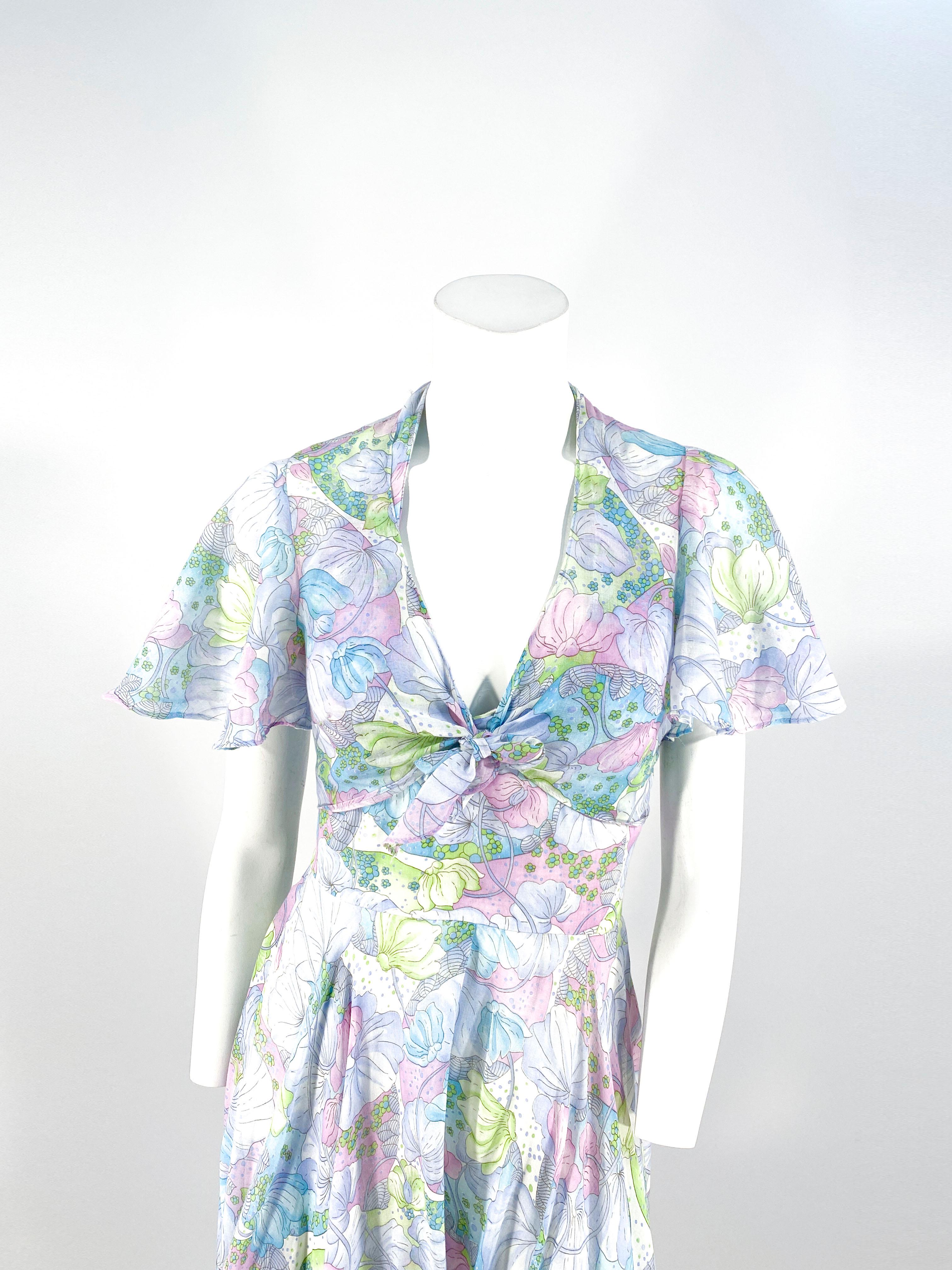 Gray 1970s Pastel Printed Halter Dress  with Matching Bolero For Sale