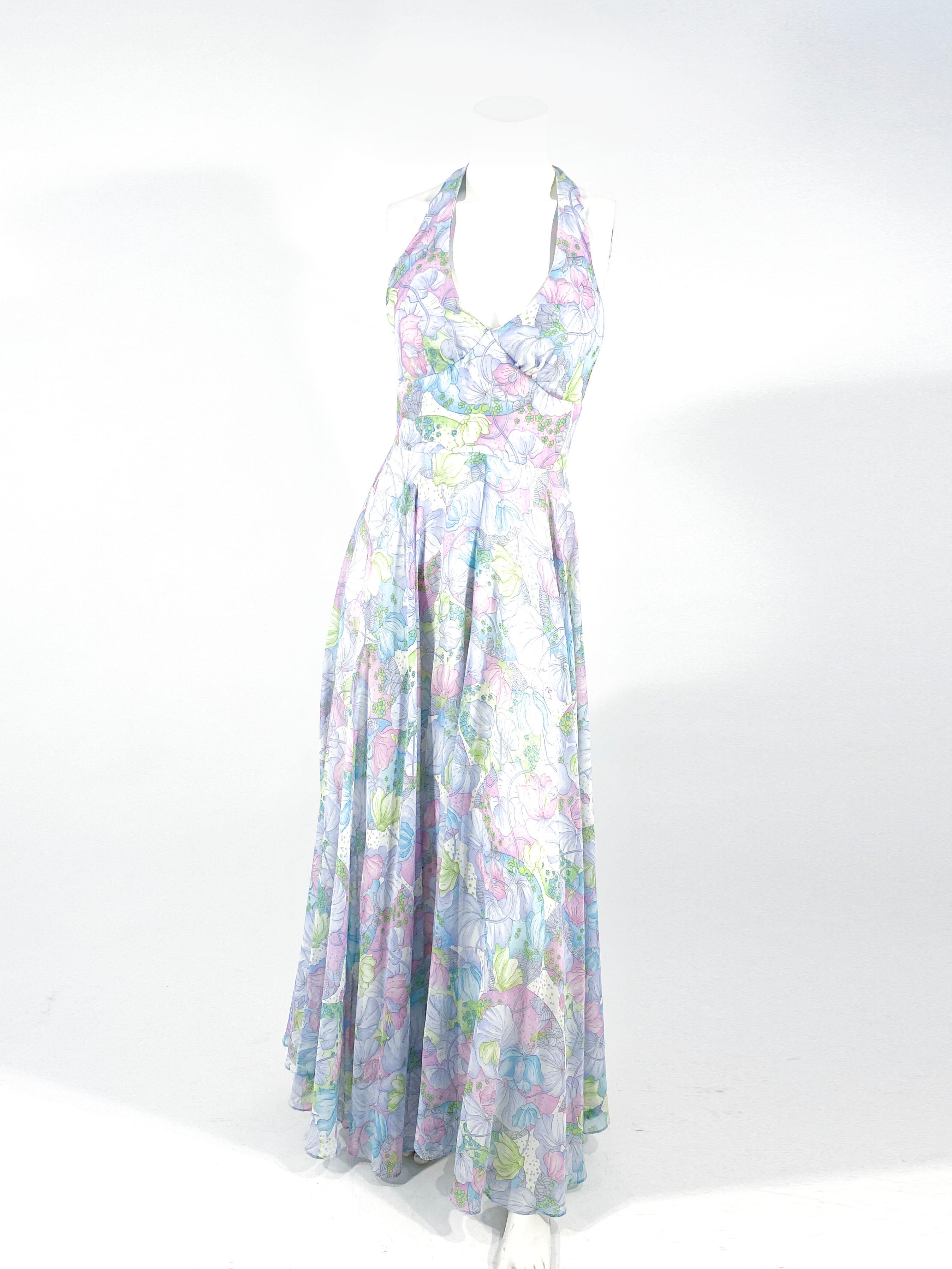 1970s Pastel Printed Halter Dress  with Matching Bolero In Good Condition For Sale In San Francisco, CA