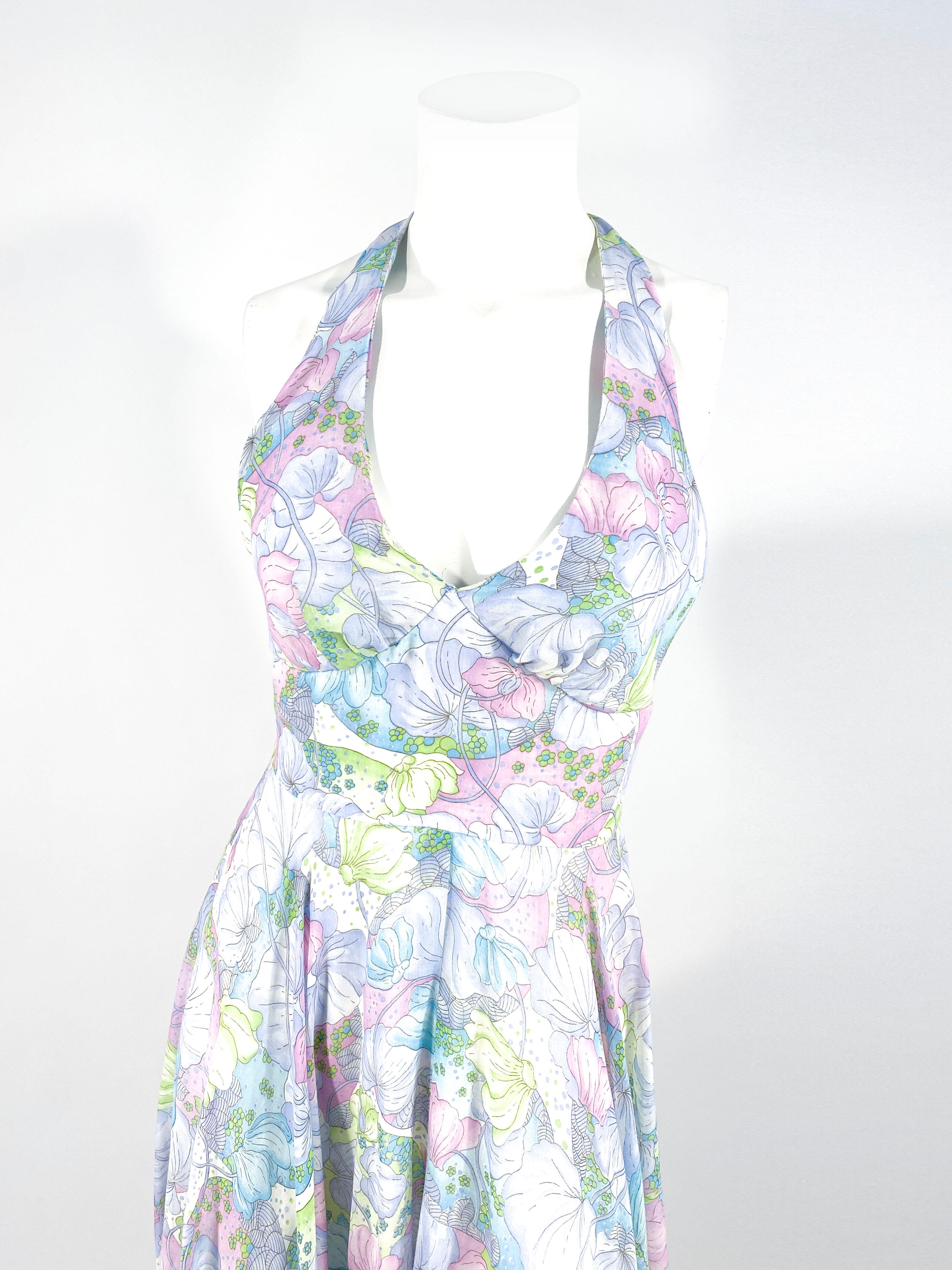 Women's 1970s Pastel Printed Halter Dress  with Matching Bolero For Sale