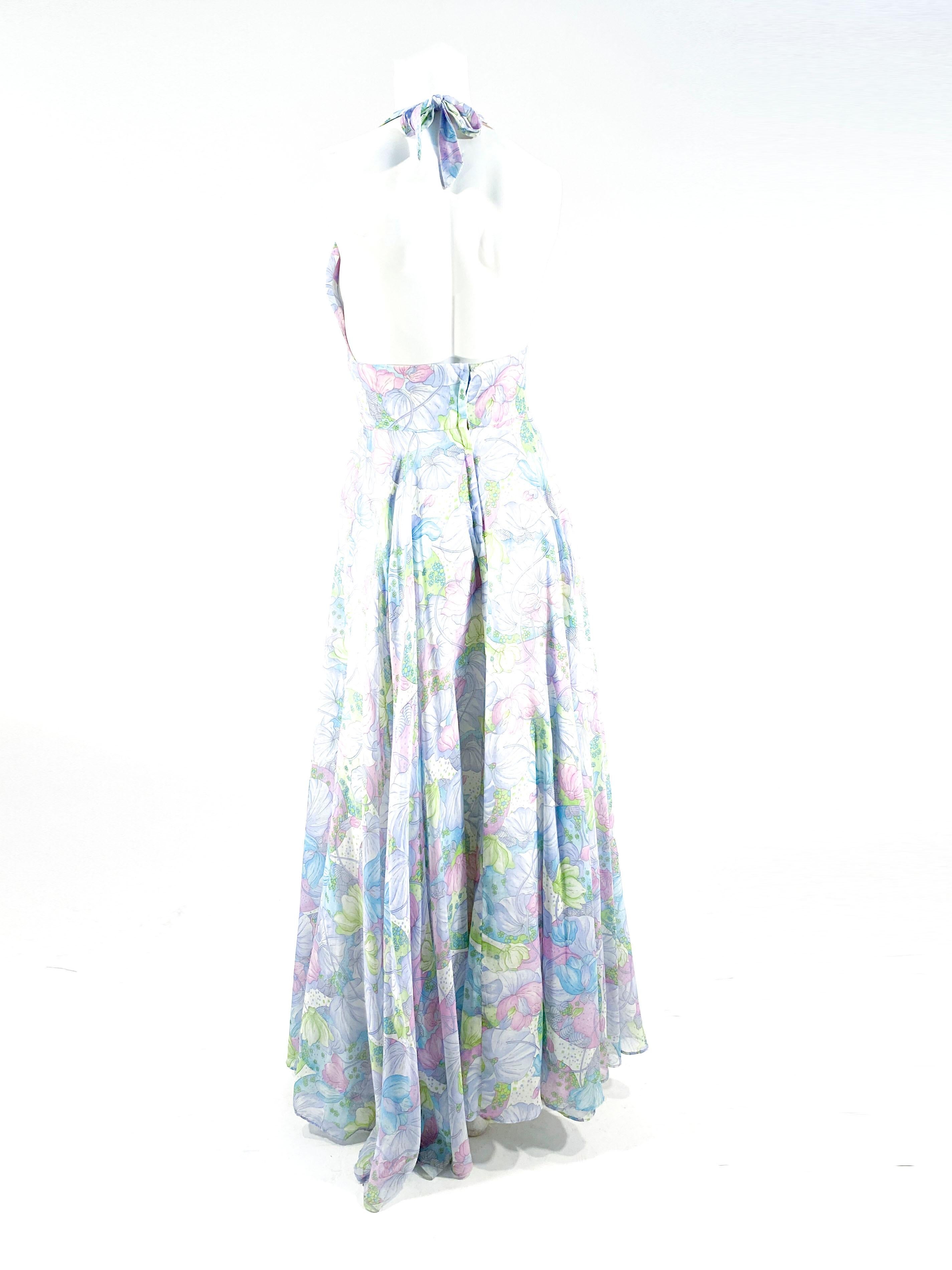 1970s Pastel Printed Halter Dress  with Matching Bolero For Sale 3