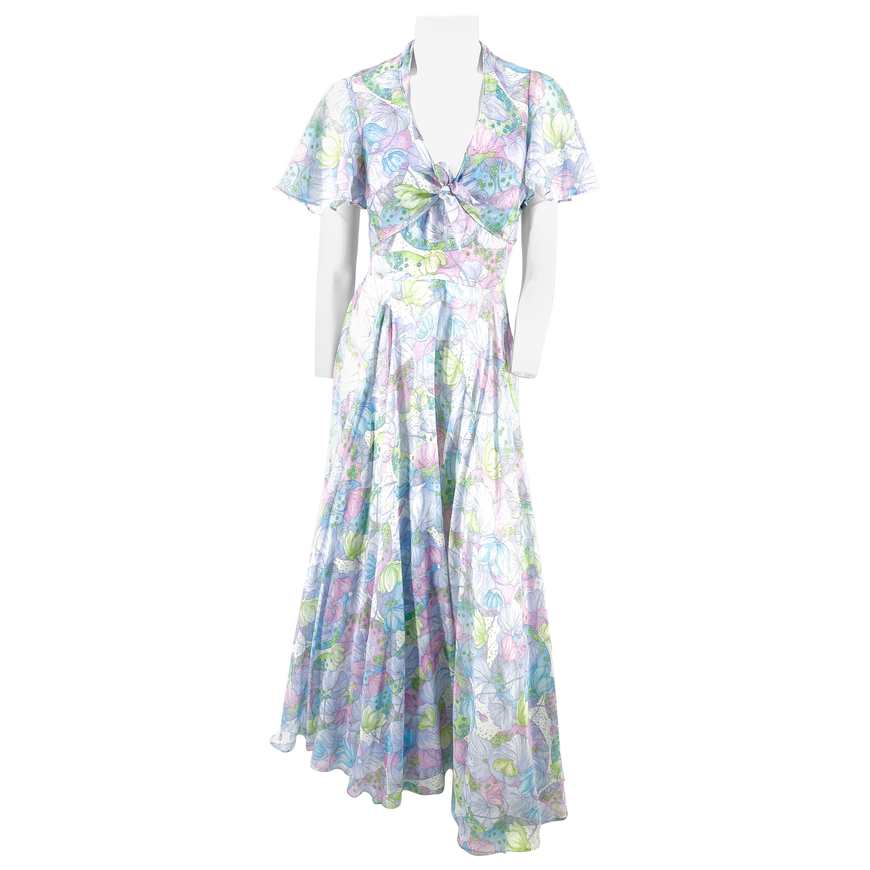 1970s Pastel Printed Halter Dress  with Matching Bolero For Sale