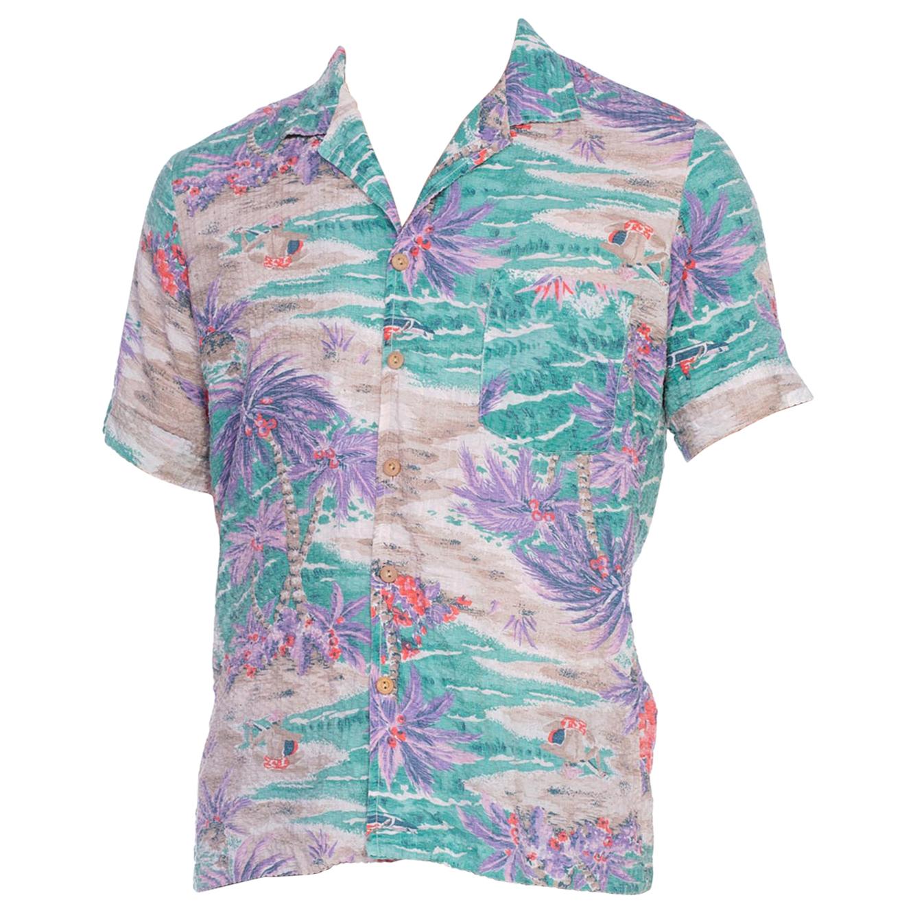 1970s Pastel Seer Sucker Tropical Hawaian Shirt