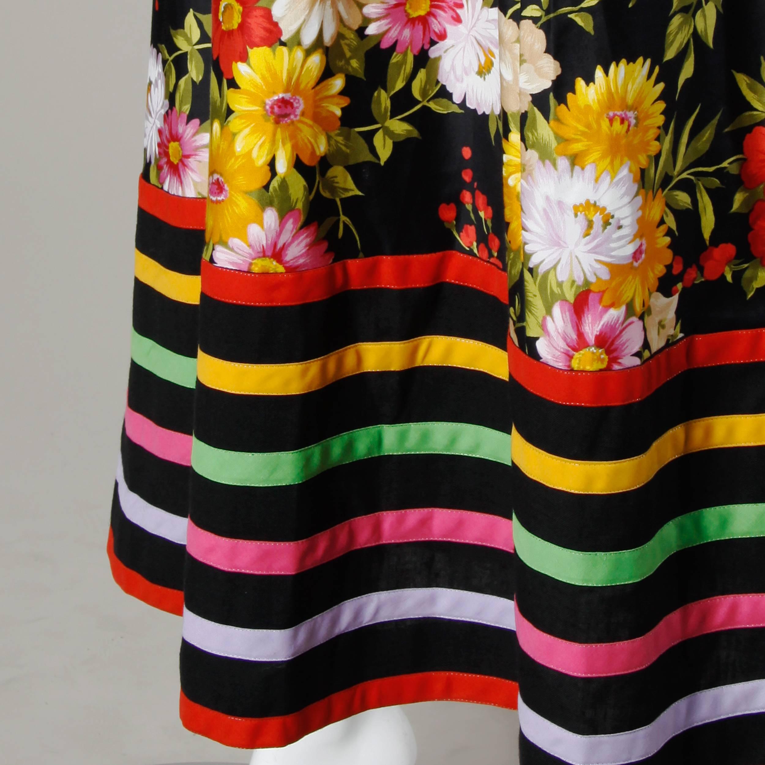 Women's 1970s Pat Sandler Vintage Long Striped + Floral Print Hippie Boho Maxi Dress