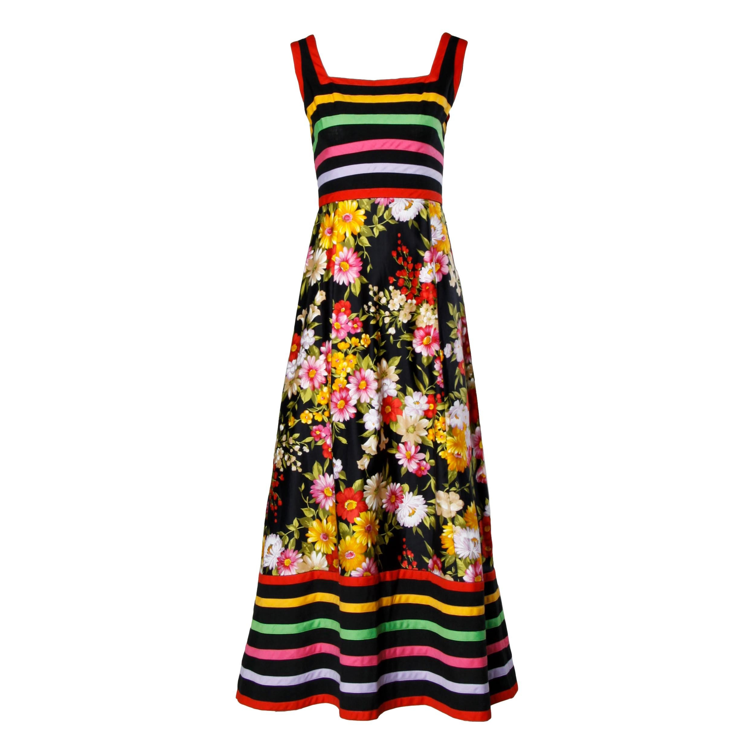 1970s Pat Sandler Vintage Long Striped + Floral Print Hippie Boho Maxi Dress
