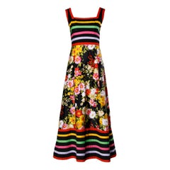 1970s Pat Sandler Vintage Long Striped + Floral Print Hippie Boho Maxi Dress
