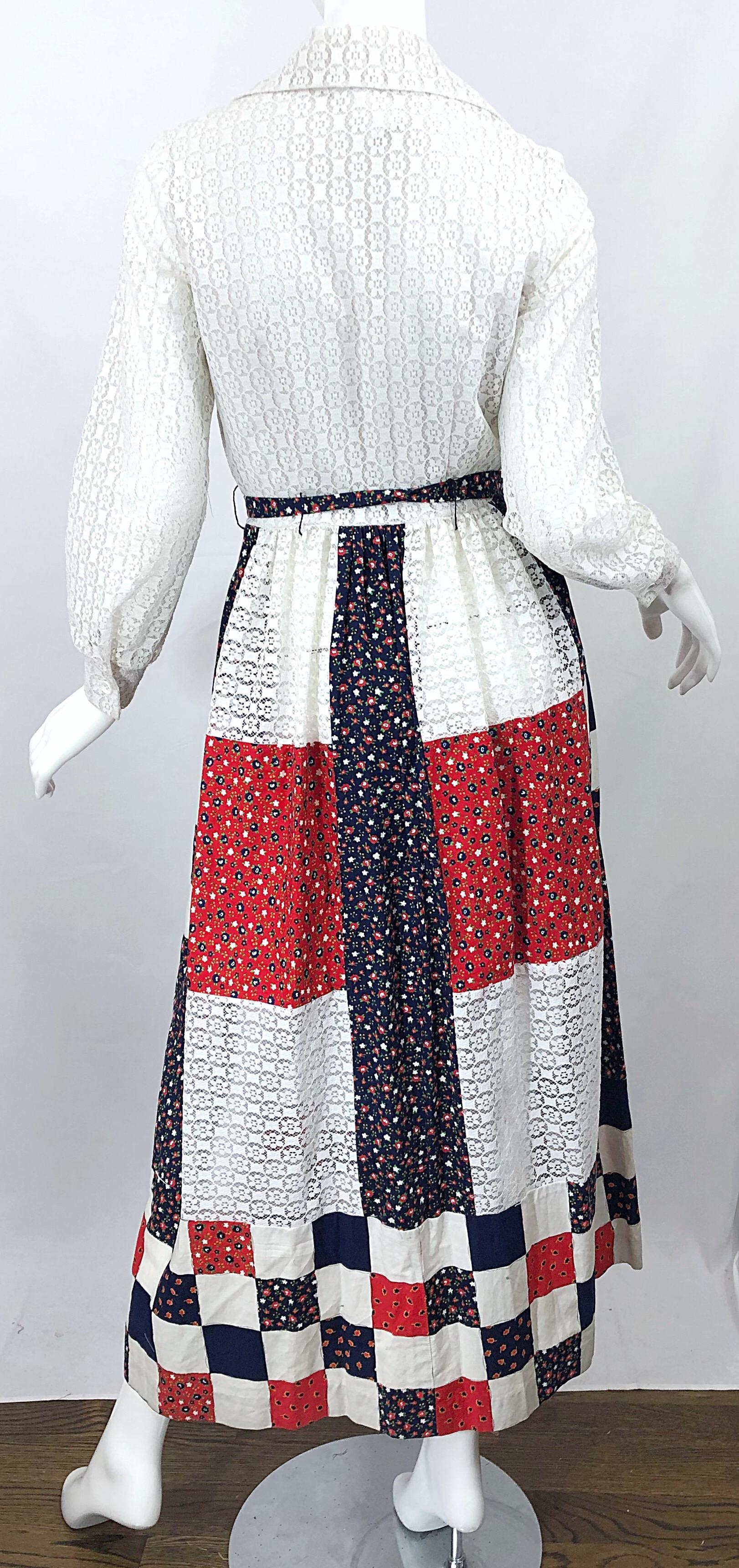 1970s Patchwork Eyelet Lace Red White and Blue Long Sleeve Vintage Maxi Dress For Sale 2