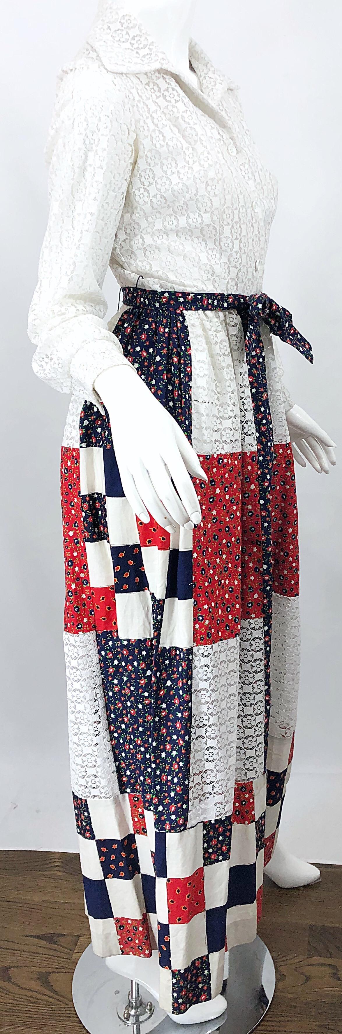 1970s Patchwork Eyelet Lace Red White and Blue Long Sleeve Vintage Maxi Dress For Sale 3