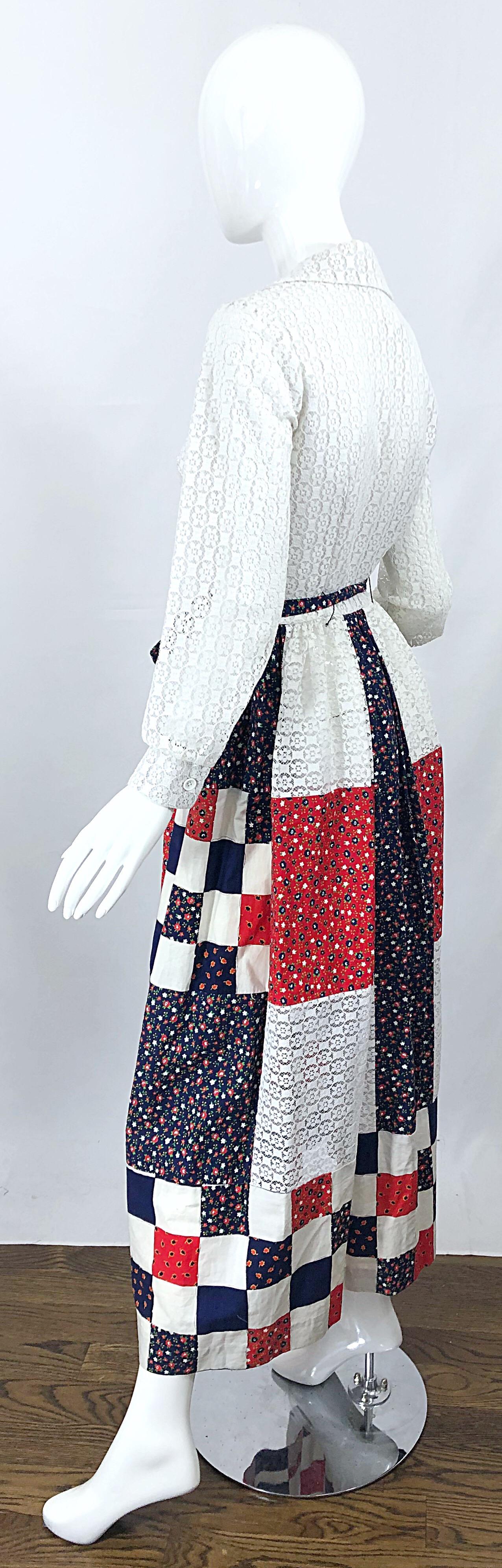 1970s Patchwork Eyelet Lace Red White and Blue Long Sleeve Vintage Maxi Dress For Sale 4