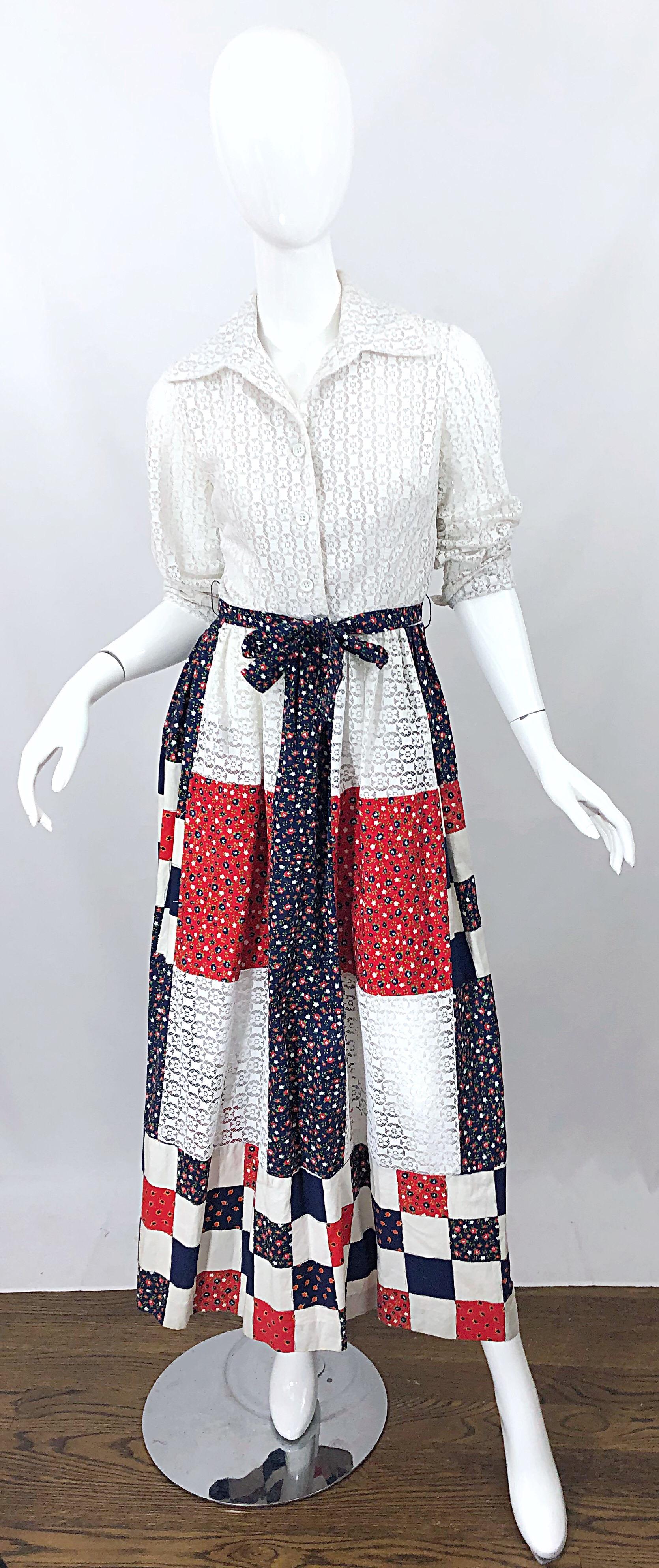 1970s Patchwork Eyelet Lace Red White and Blue Long Sleeve Vintage Maxi Dress For Sale 5