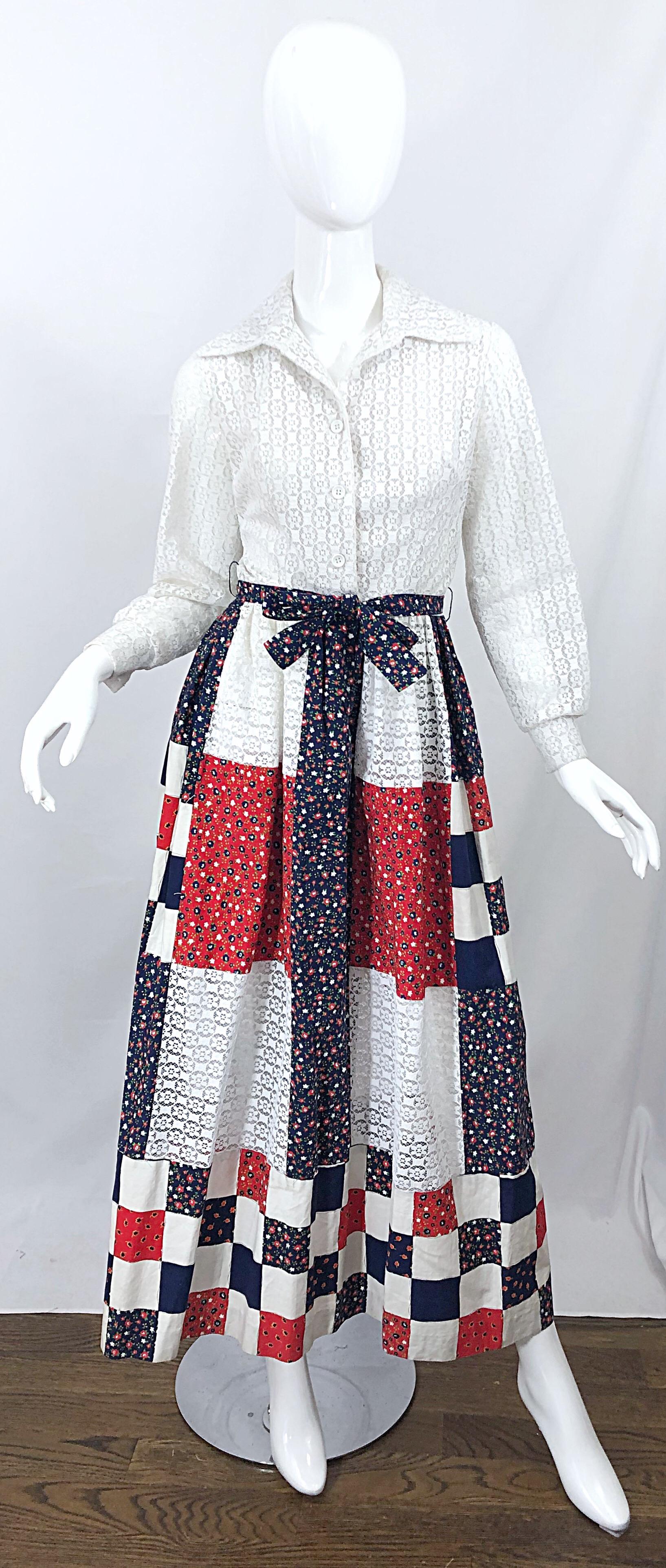 1970s Patchwork Eyelet Lace Red White and Blue Long Sleeve Vintage Maxi Dress For Sale 7