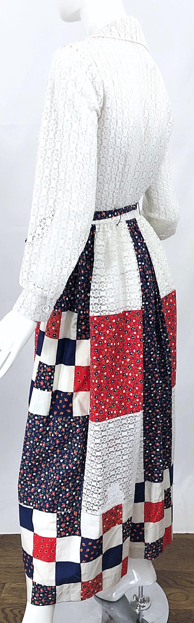1970s Patchwork Eyelet Lace Red White And Blue Long Sleeve Vintage Maxi Dress 1970s Patchwork Eyelet Lace Red White And Blue Long Sleeve Vintage Maxi Dress