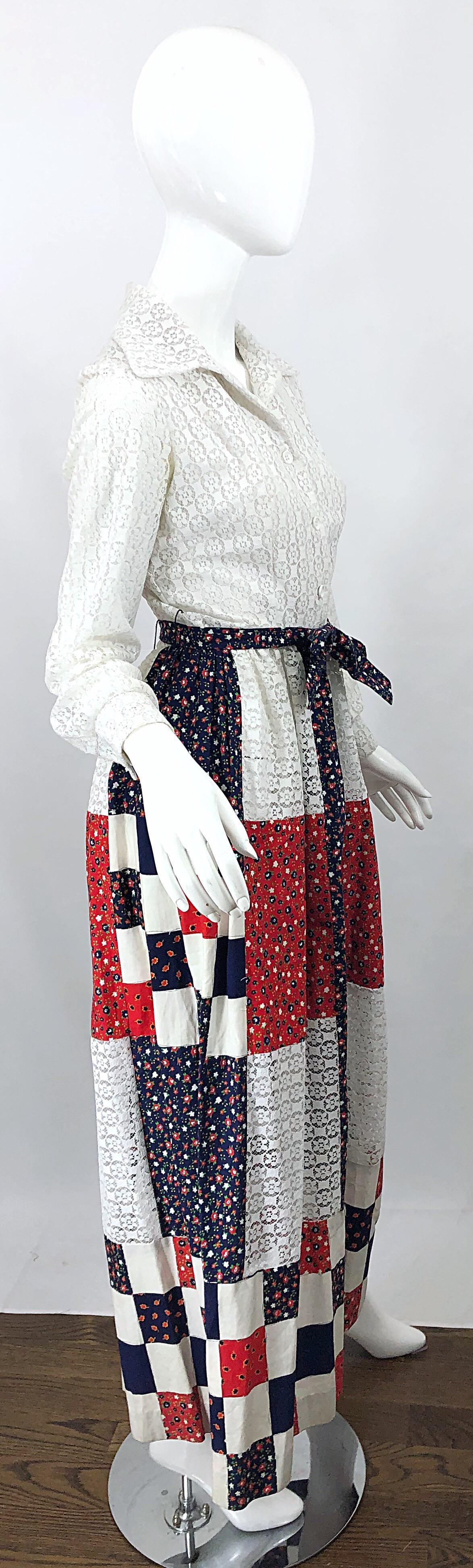 Women's 1970s Patchwork Eyelet Lace Red White and Blue Long Sleeve Vintage Maxi Dress For Sale