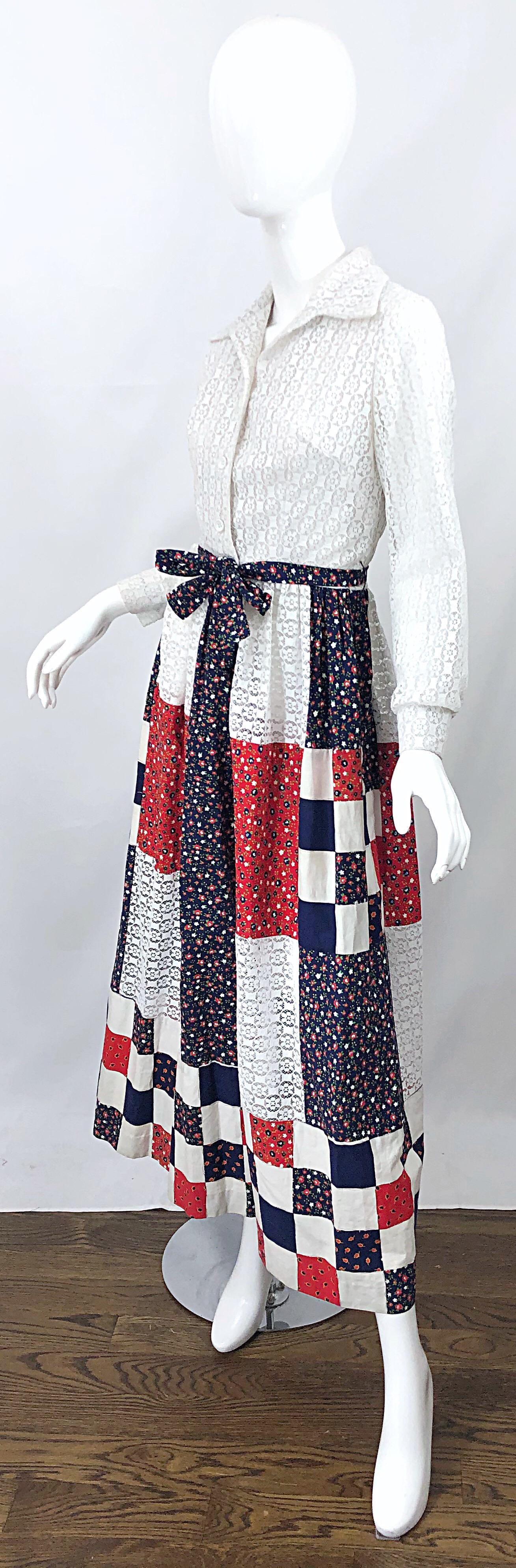 1970s Patchwork Eyelet Lace Red White and Blue Long Sleeve Vintage Maxi Dress For Sale 1
