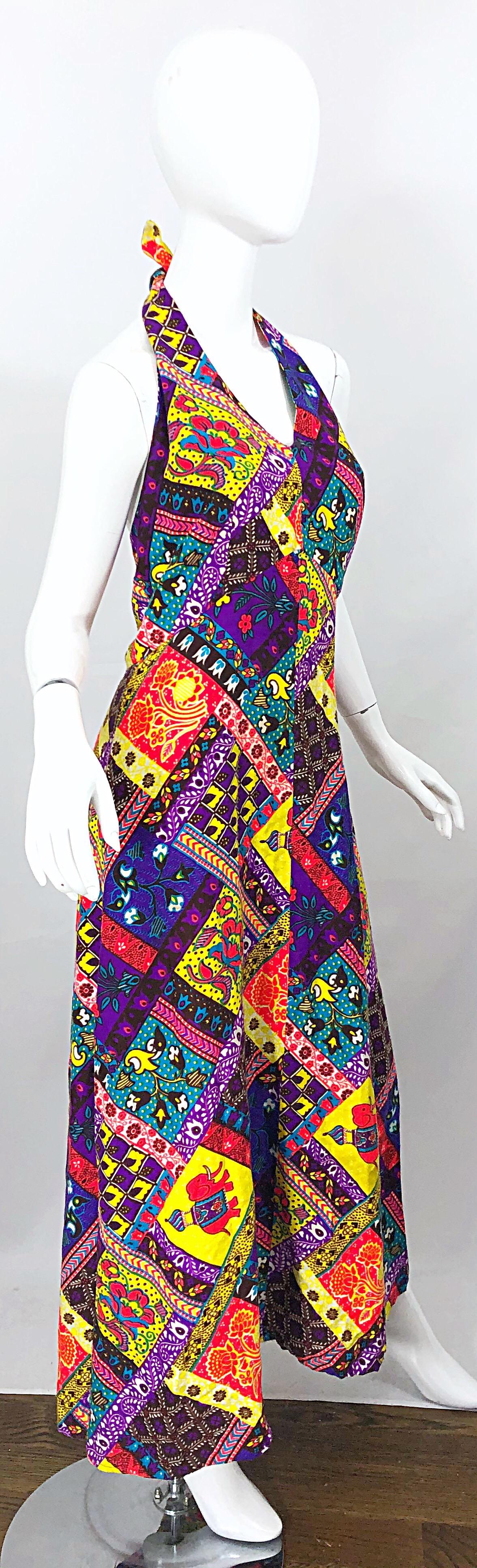 1970s Patchwork Size Medium / Large Novelty Print Vintage 70s Cotton Maxi Dress For Sale 3