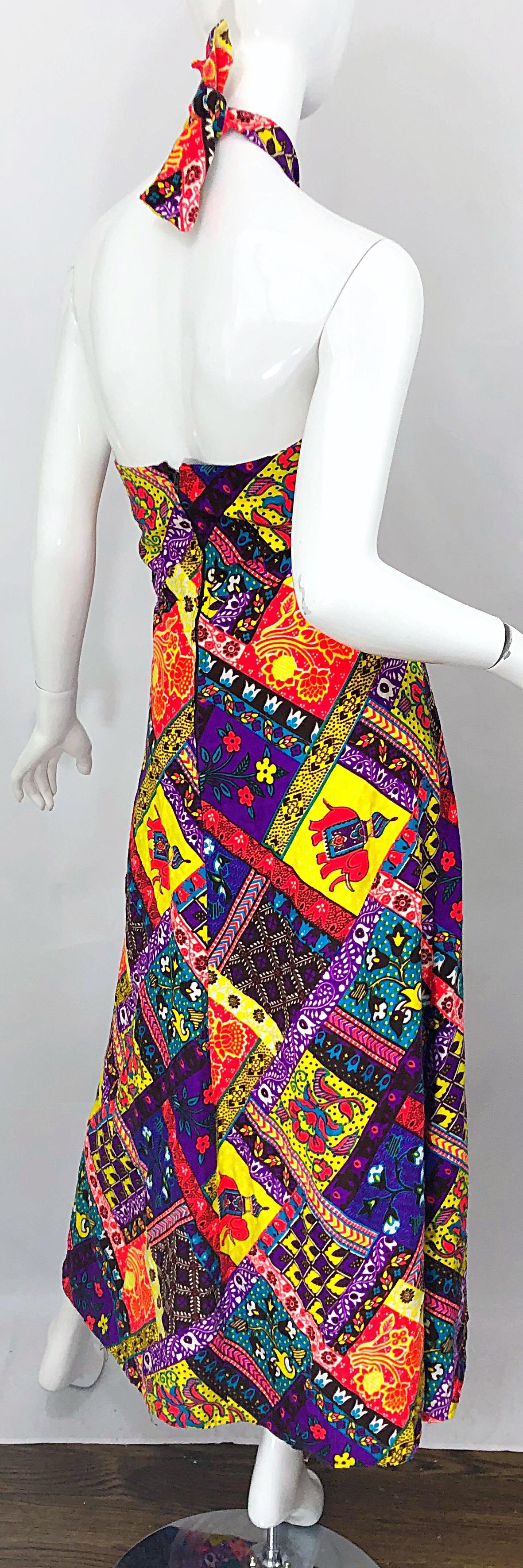 1970s Patchwork Size Medium / Large Novelty Print Vintage 70s Cotton Maxi Dress For Sale 4