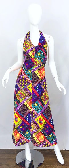 1970s Patchwork Size Medium / Large Novelty Print Vintage 70s Cotton Maxi Dress