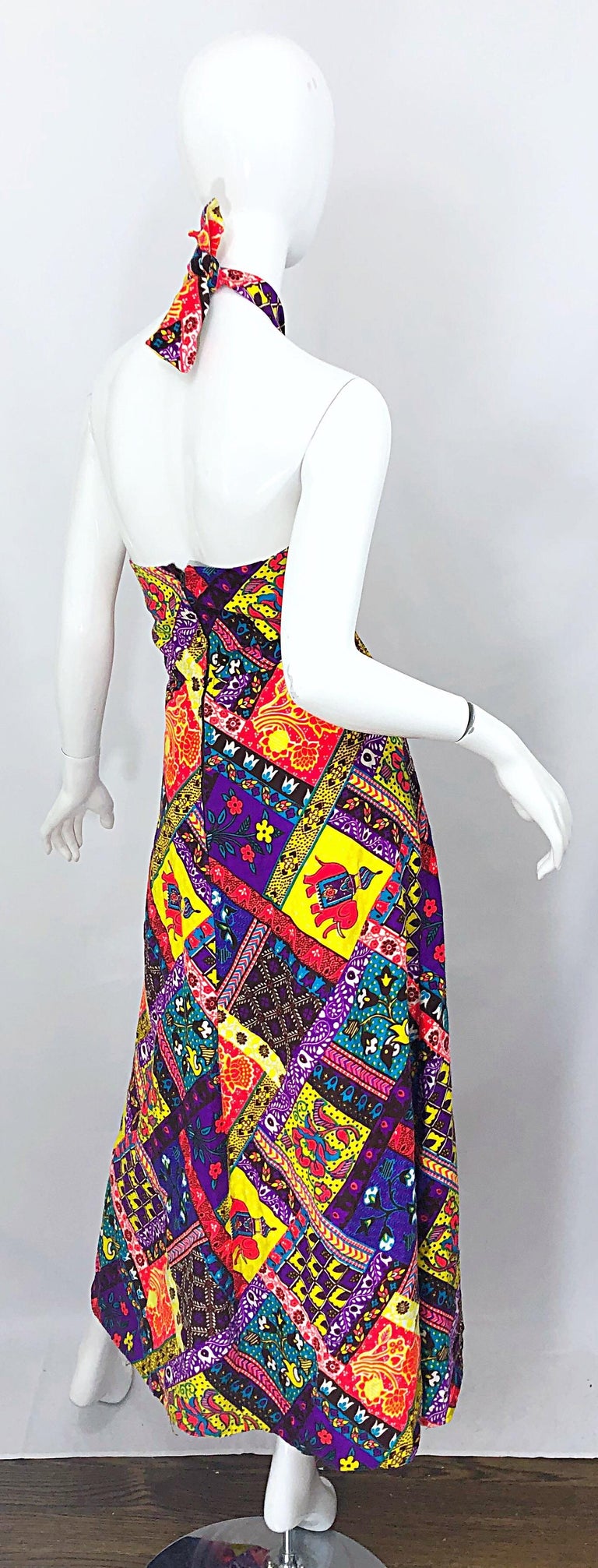 Brown 1970s Patchwork Size Medium / Large Novelty Print Vintage 70s Cotton Maxi Dress For Sale