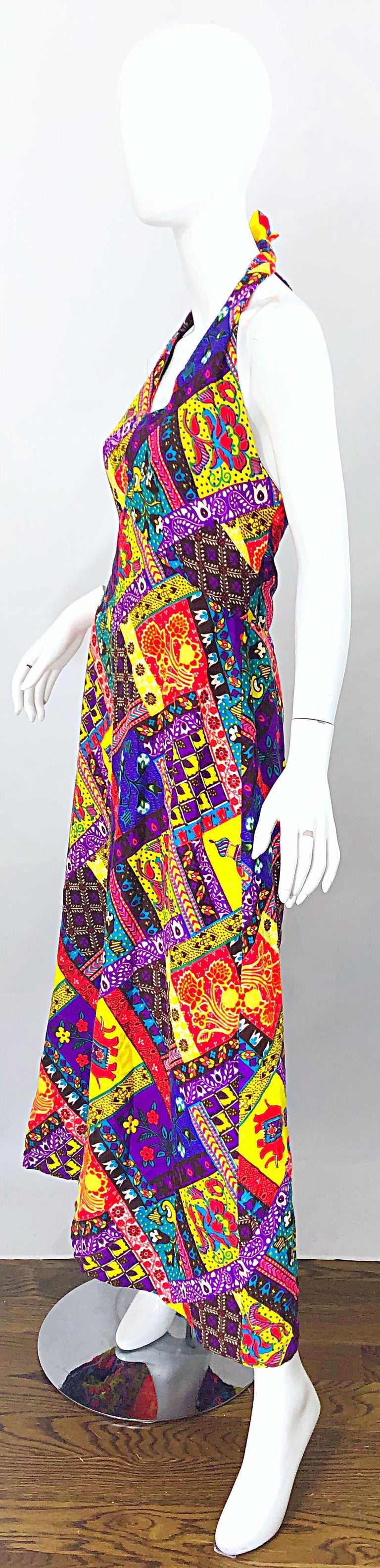 Women's 1970s Patchwork Size Medium / Large Novelty Print Vintage 70s Cotton Maxi Dress For Sale