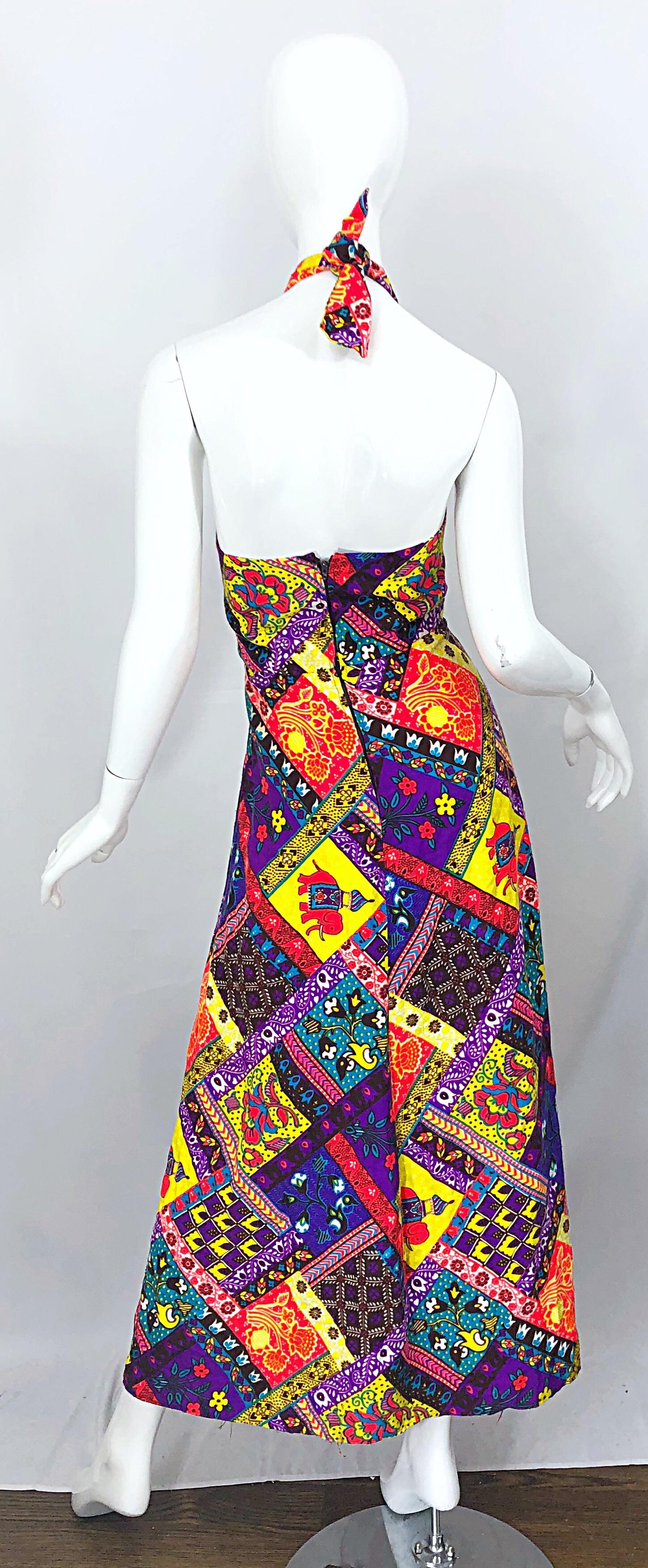 Women's 1970s Patchwork Size Medium / Large Novelty Print Vintage 70s Cotton Maxi Dress For Sale