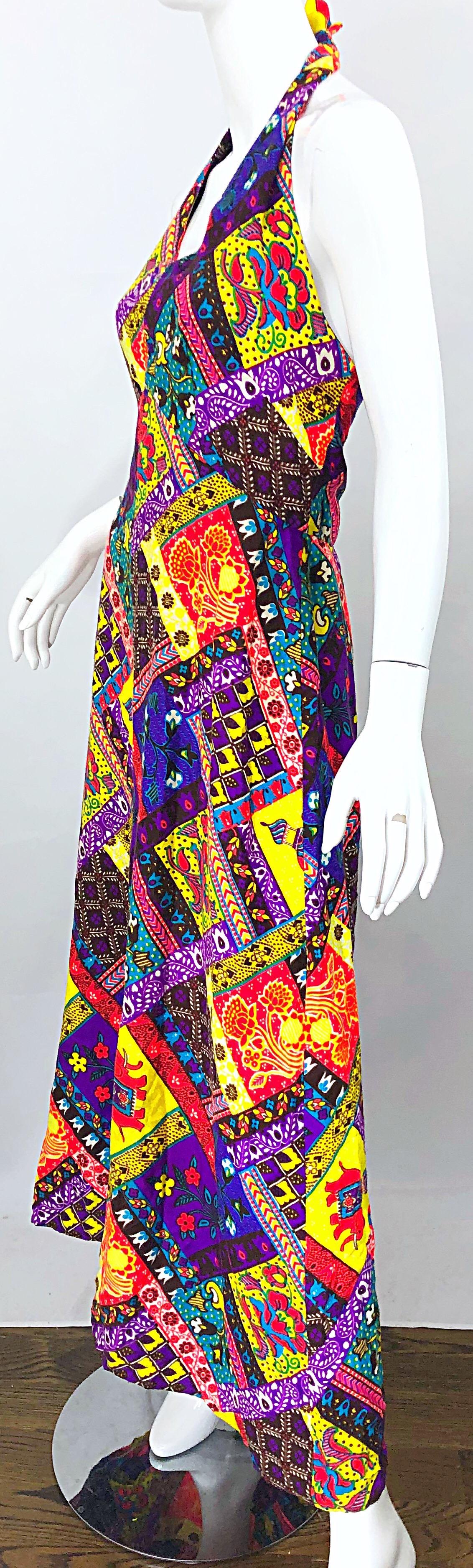 70s Psychedelic Print Button Up Tie Waist Vintage 1970s Yellow and Green Geometric Lounge Dress 70s Leslie Fay Maxi House Dress ML