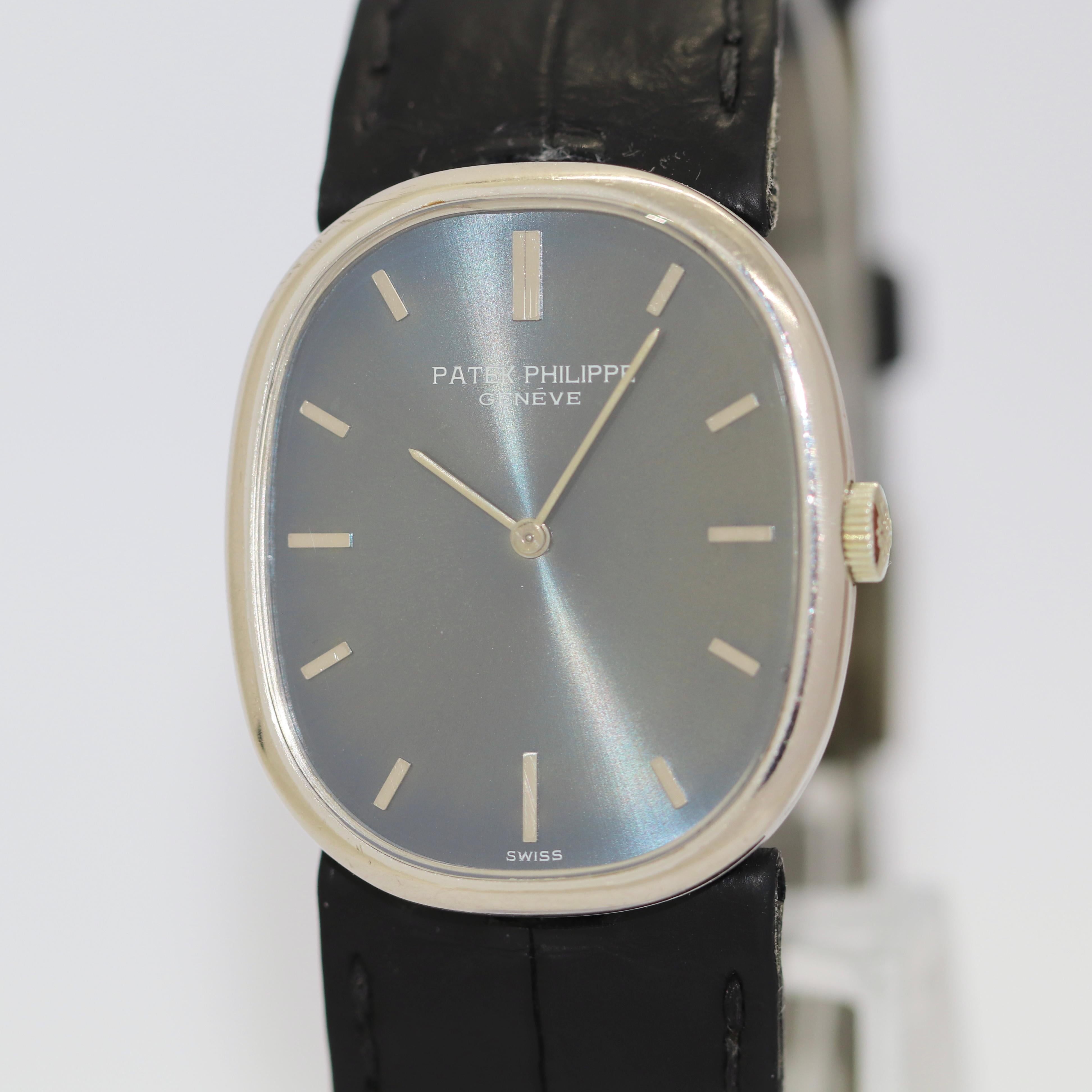 Patek Philippe Golden Ellipse d‘Or White Gold Blue Dial Ref. 3848.

This elegant wristwatch by Patek Philippe made of 18 carat white gold with a blue dial is the perfect watch for the style-conscious watch enthusiast.

The watch needs a