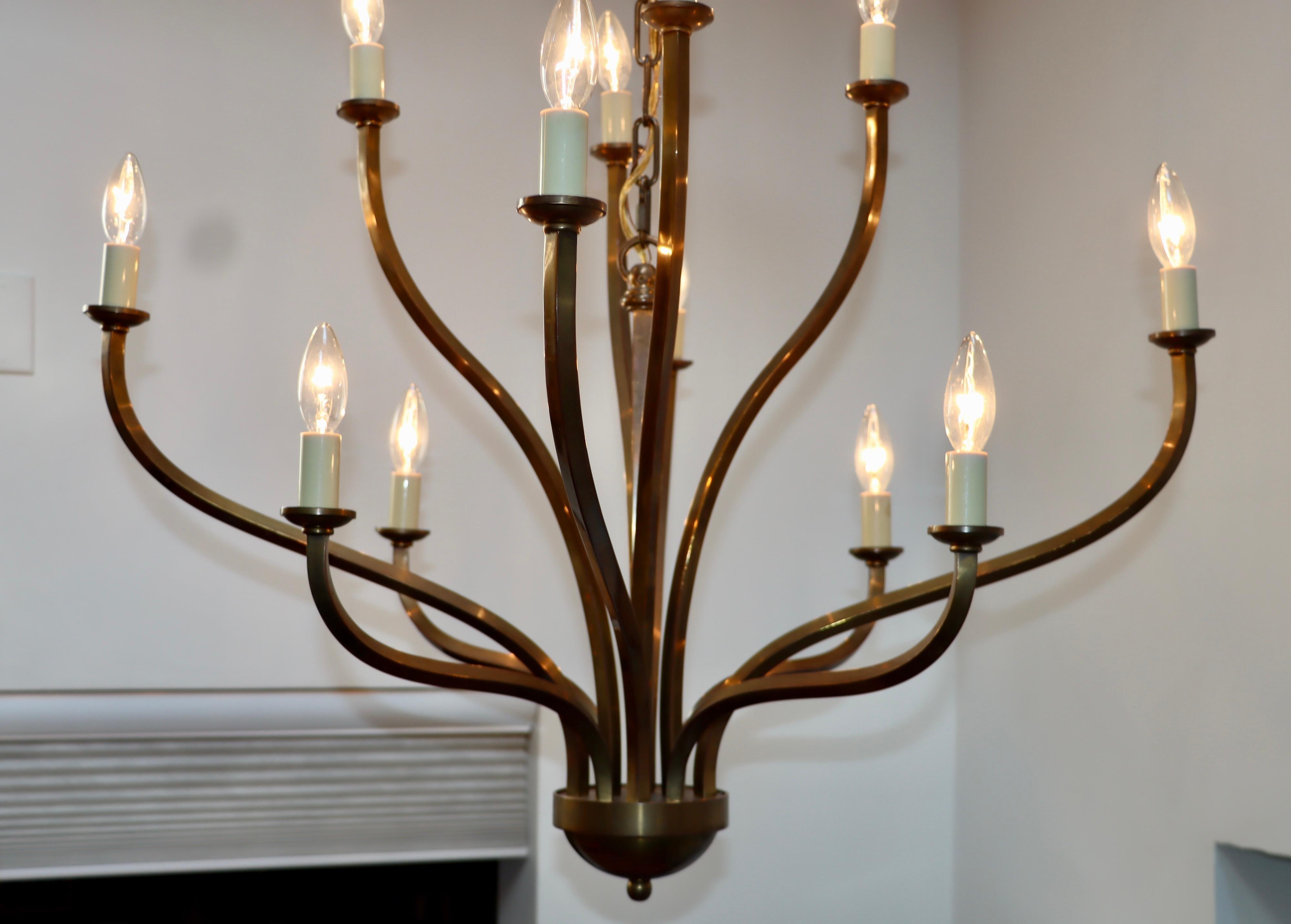 1970s Patinated Brass 12 Arm Chandelier Attributed to Hart Associates For Sale 6