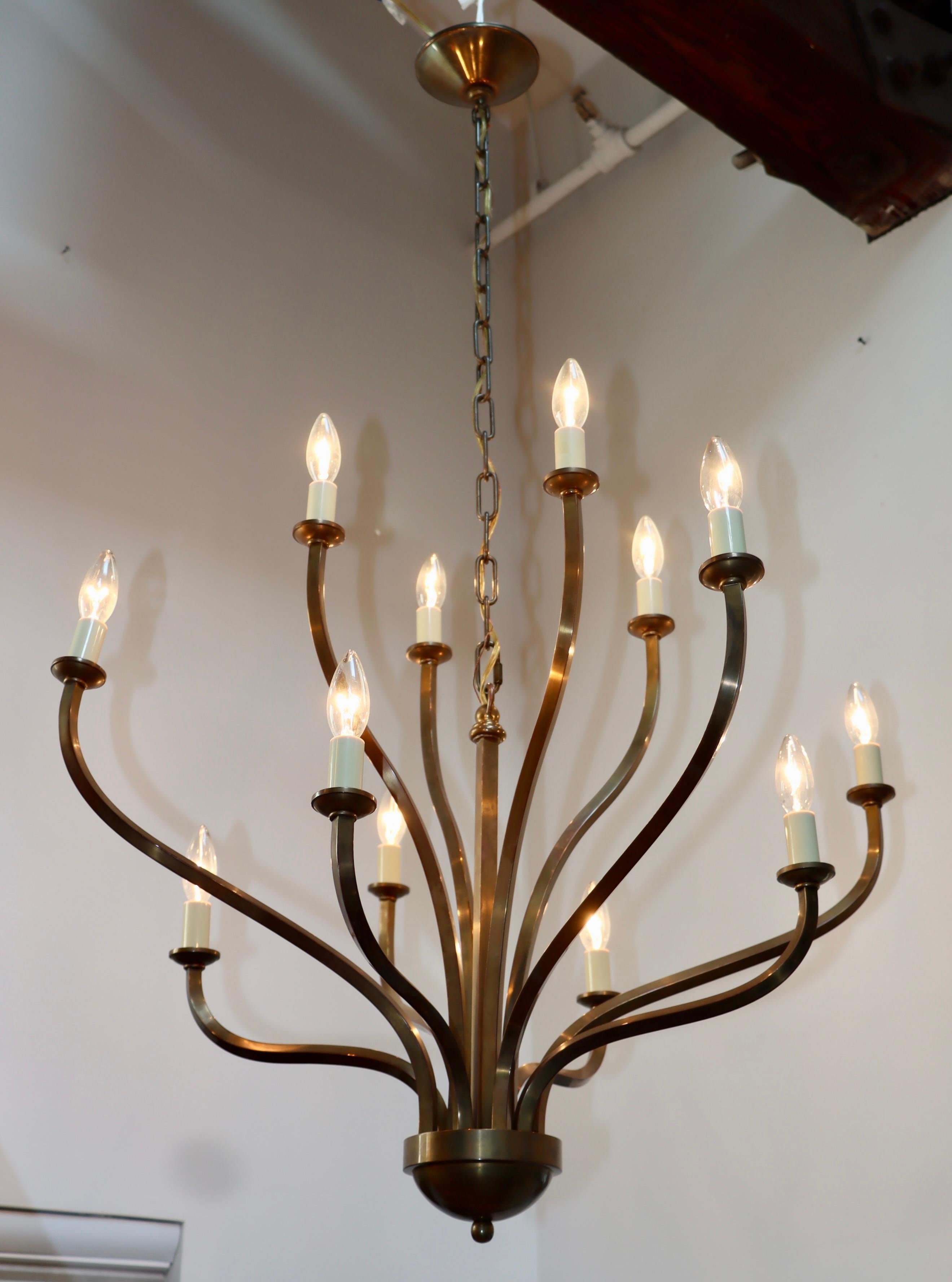 1970s Patinated Brass 12 Arm Chandelier Attributed to Hart Associates For Sale 8