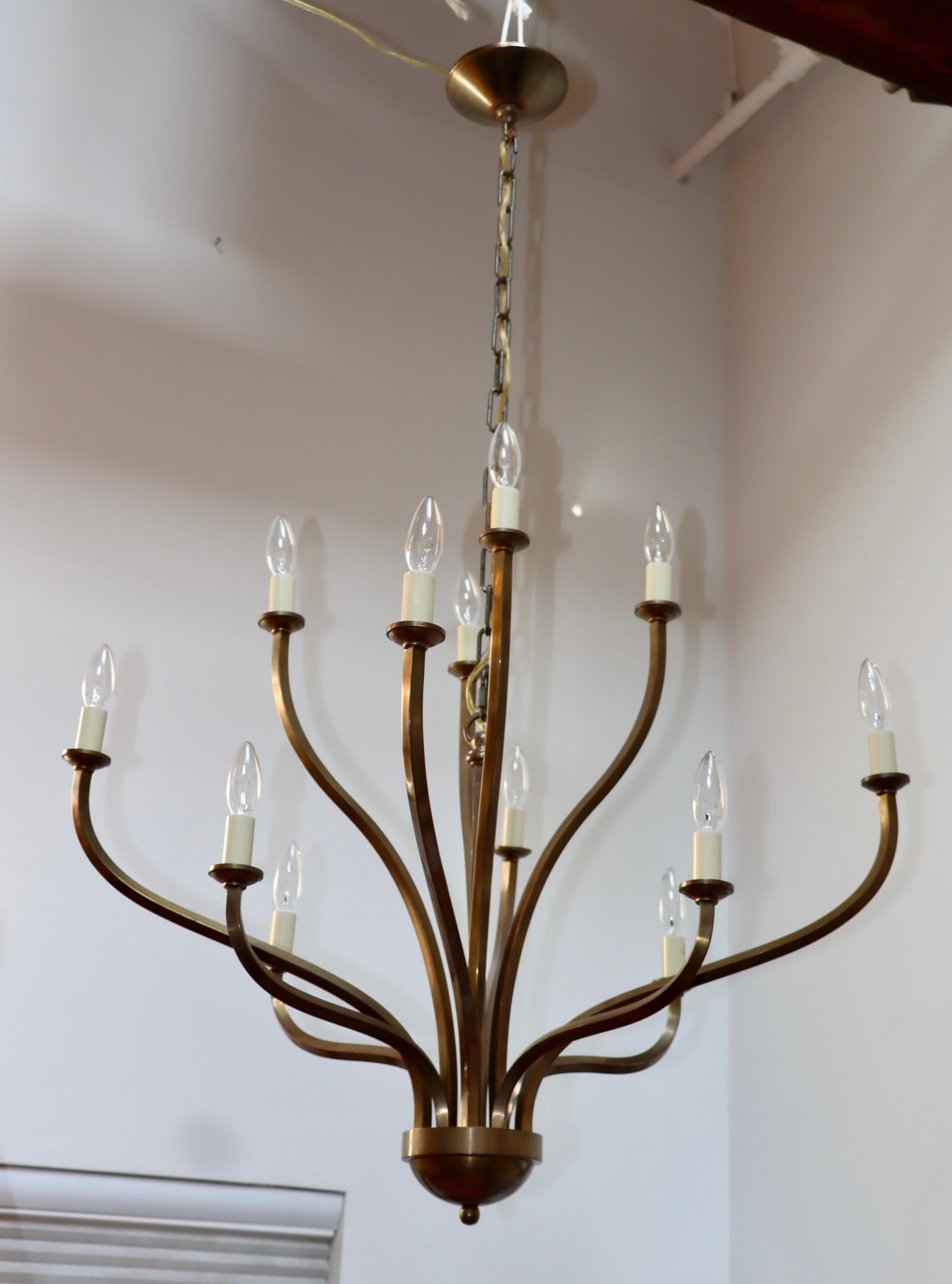 1970s Patinated Brass 12 Arm Chandelier Attributed to Hart Associates For Sale 3