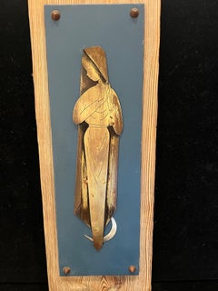 1970's Patinated Brass Wall Relief in Driftwood Religious Madonna Figure