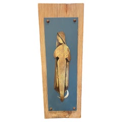 1970's Patinated Brass Wall Relief in Driftwood Religious Madonna Figure