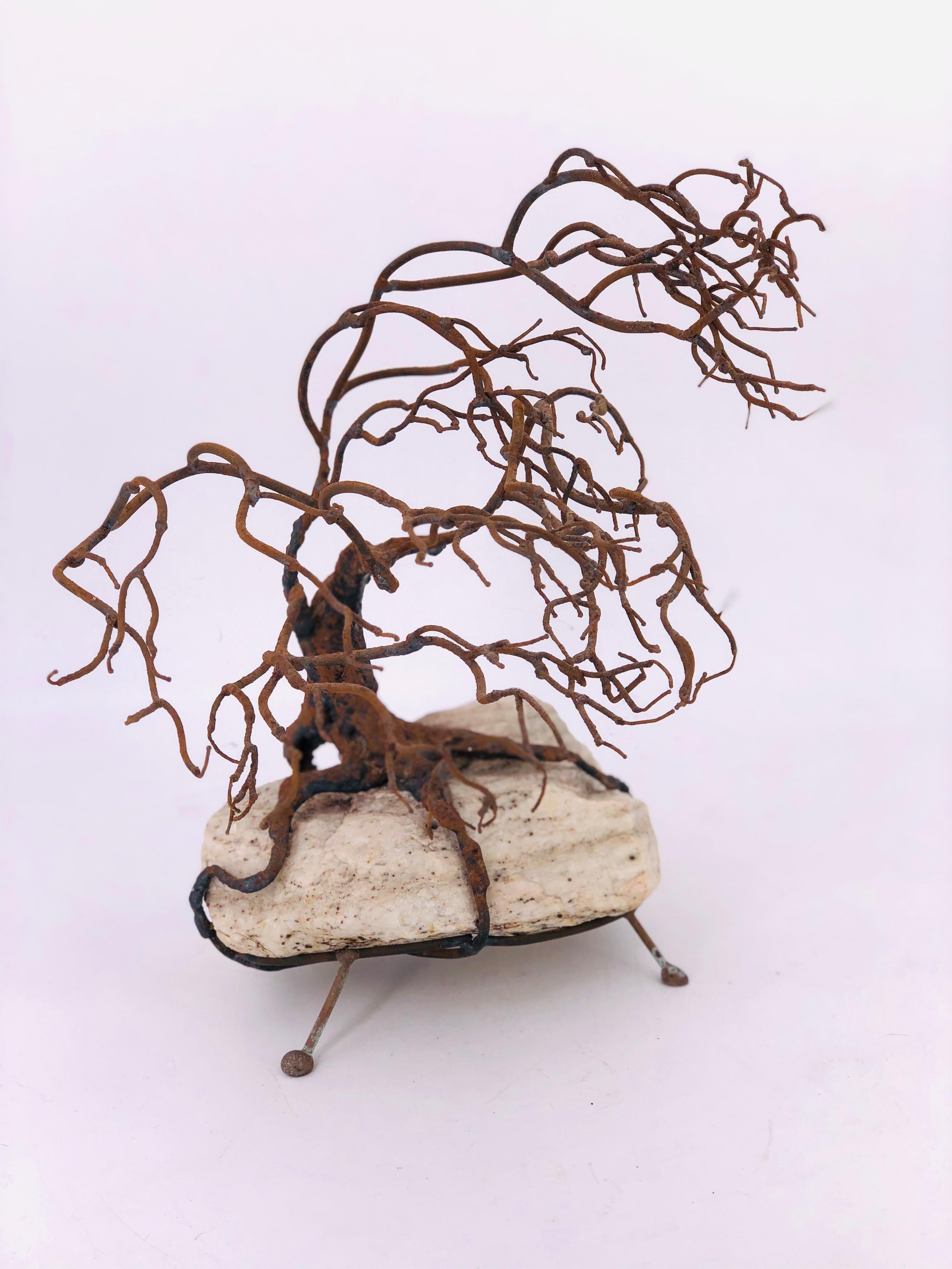 American 1970s Patinated Bronze Abstract Tree Brutalist Table Sculpture on Raw Stone Base
